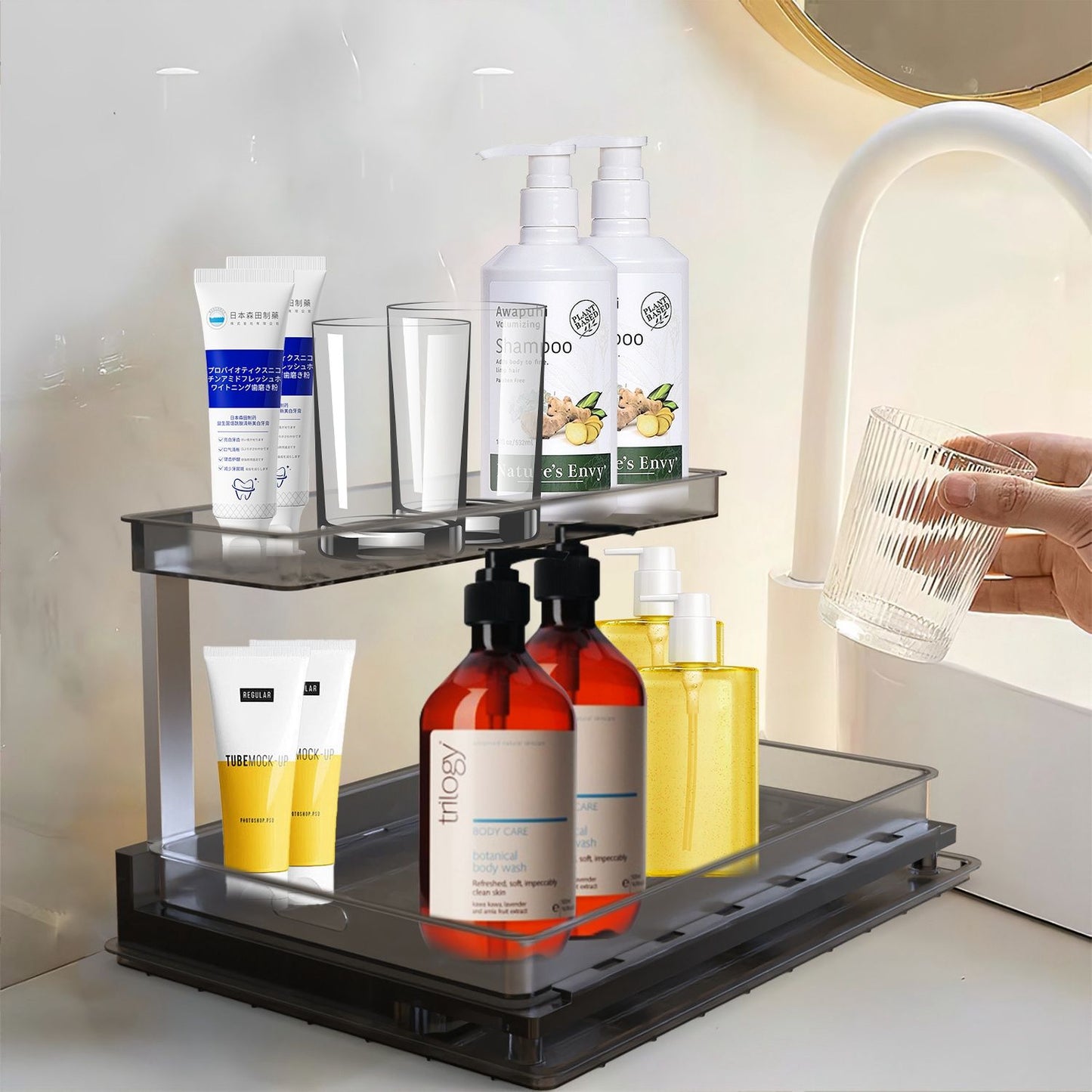 Two-tier storage organizer holding various cosmetic and personal care products including shampoos, body washes, and skincare tubes, set against a bathroom backdrop.