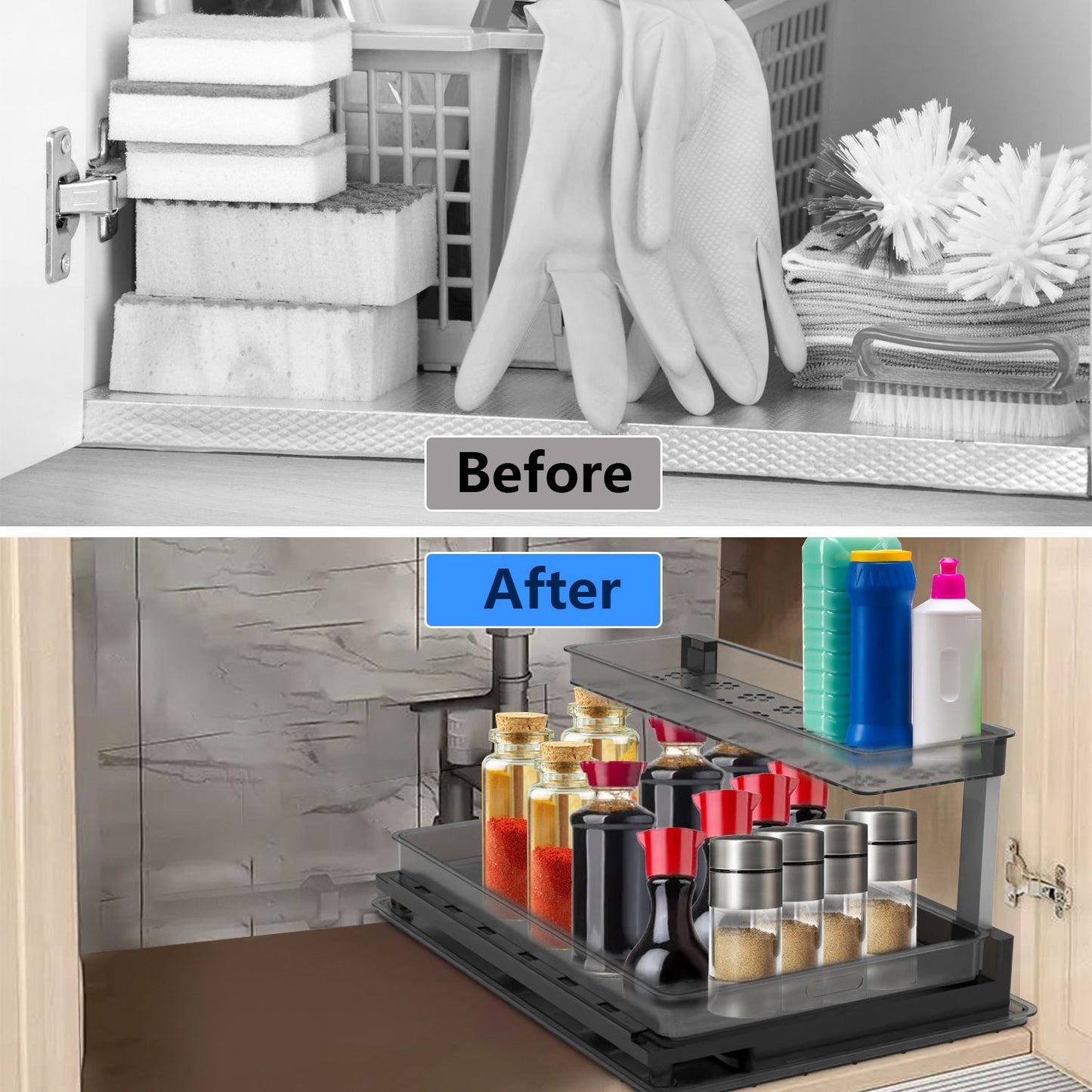 Before and after comparison of an organized cabinet, showing cluttered storage with cleaning supplies above and neatly arranged spices and condiments below, highlighting effective storage solutions for kitchen organization.