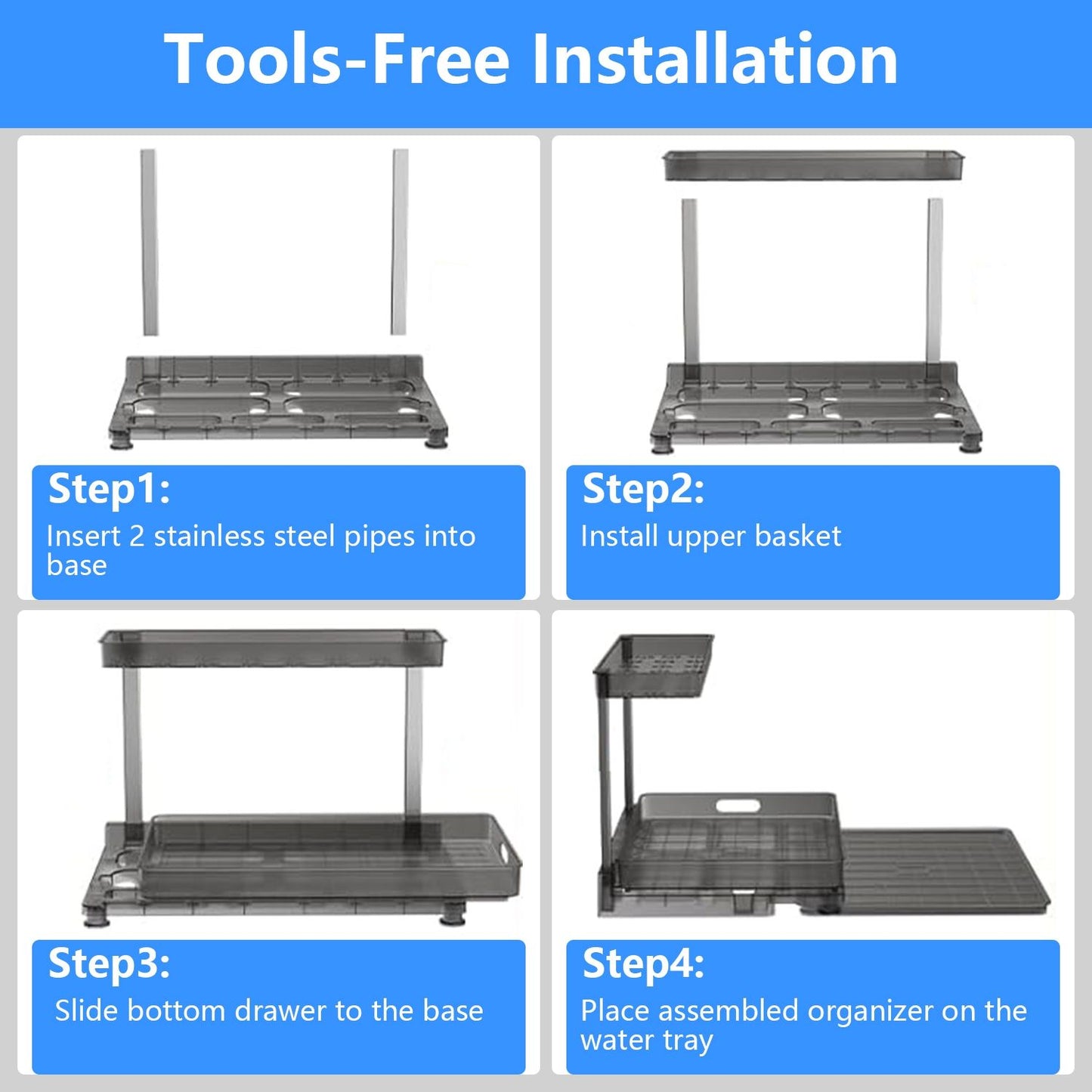 Step-by-step guide for tool-free installation of a kitchen organizer with stainless steel pipes and baskets.