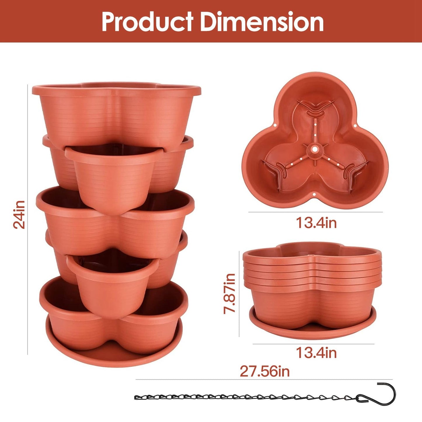 Stackable terracotta flower pots with dimensions: height 24 inches, top pot diameter 13.4 inches, bottom pot diameter 7.87 inches, and an additional chain for hanging.