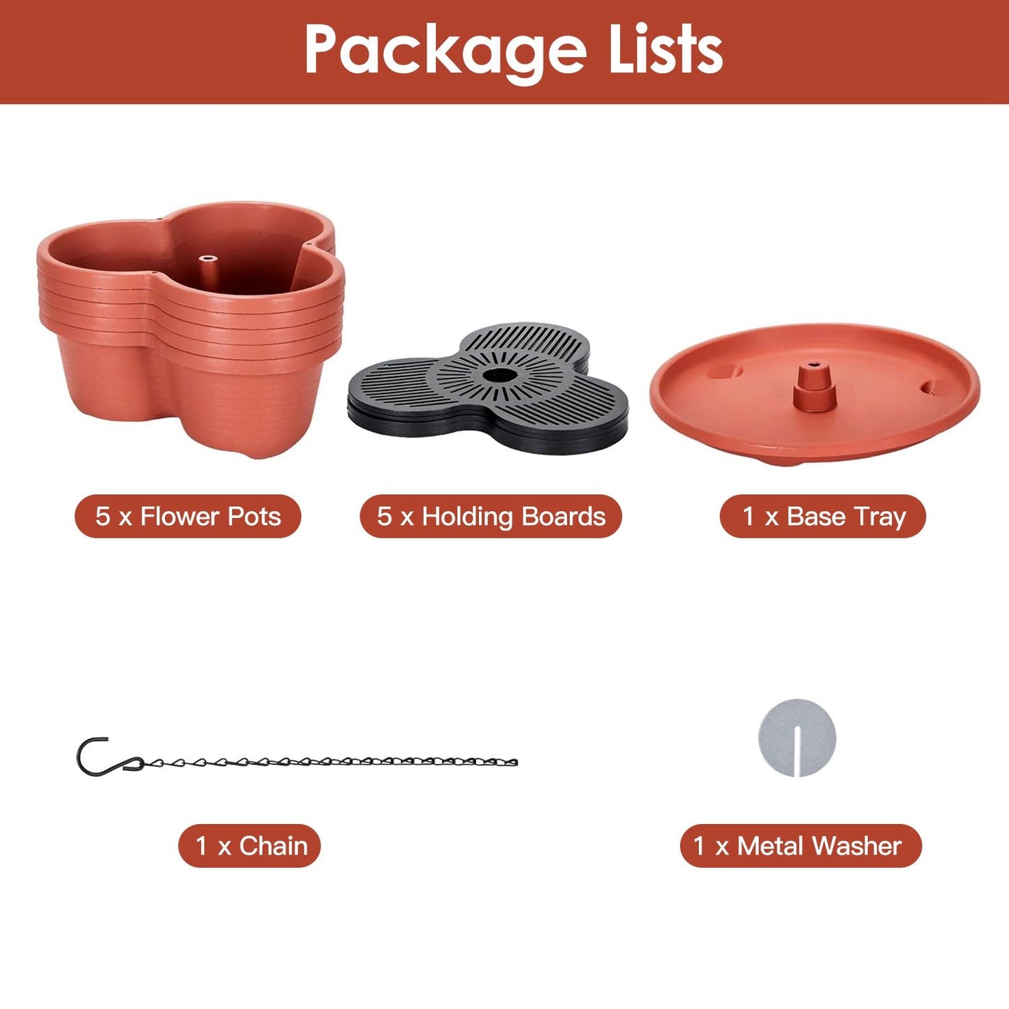Flower pot set including five terracotta flower pots, five black holding boards, one base tray, one metal chain, and one metal washer, all items displayed clearly on a white background.