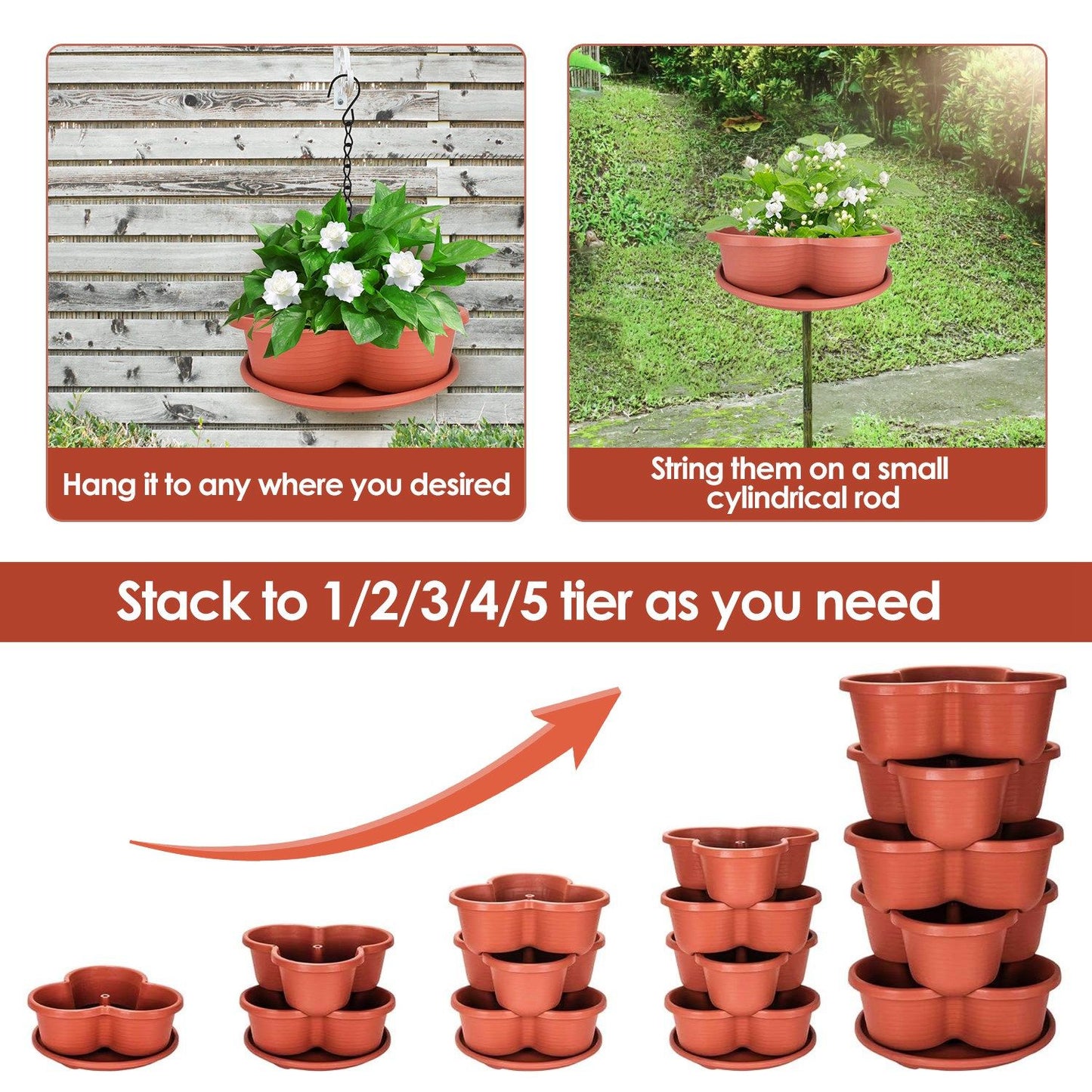 Flower pot set showcasing versatile hanging and stacking options, featuring stacked pots in a tiered arrangement with lush green plants and white flowers, ideal for home gardening and decoration.