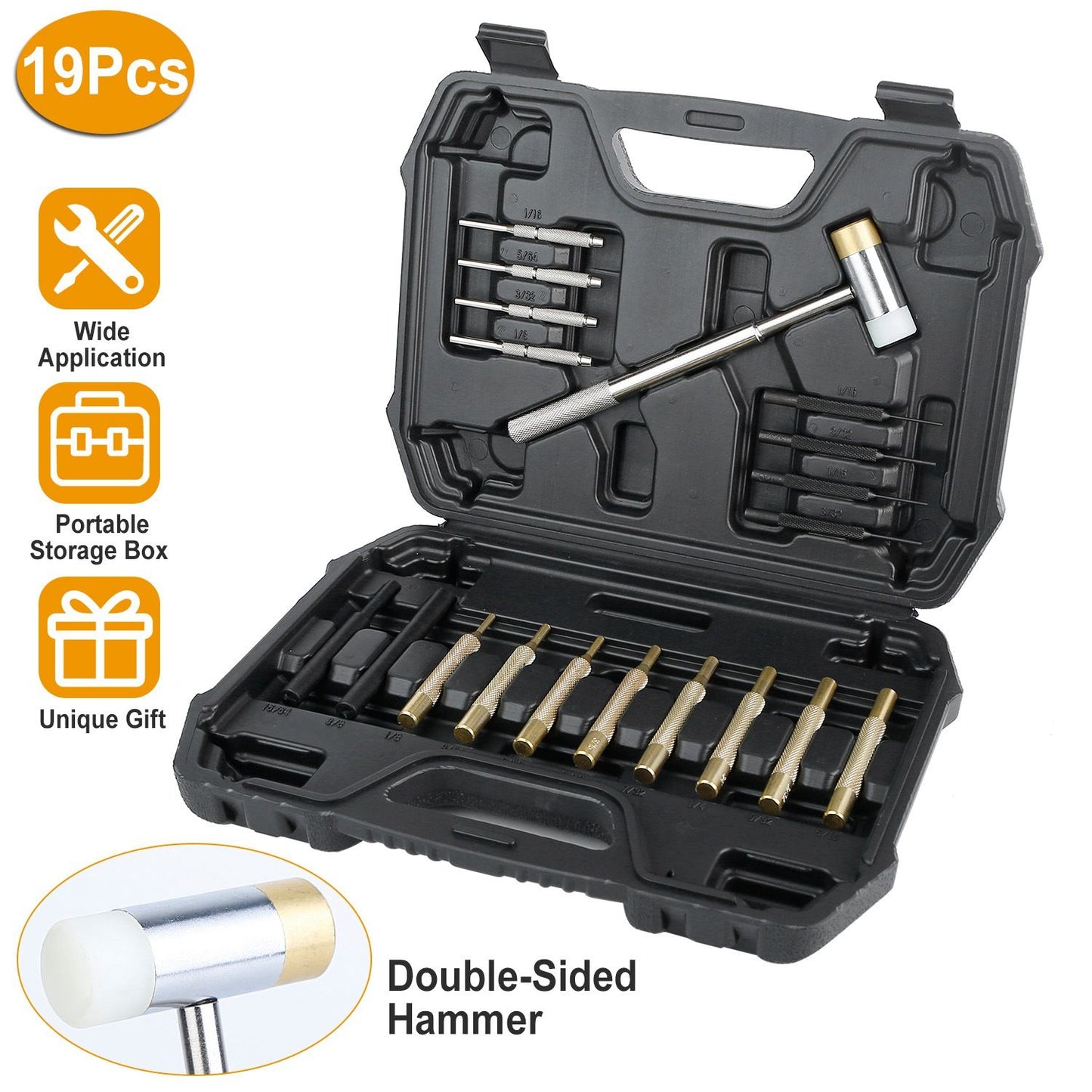 19-piece double-sided hammer and tool set in portable storage case, featuring various interchangeable attachments for versatile applications.