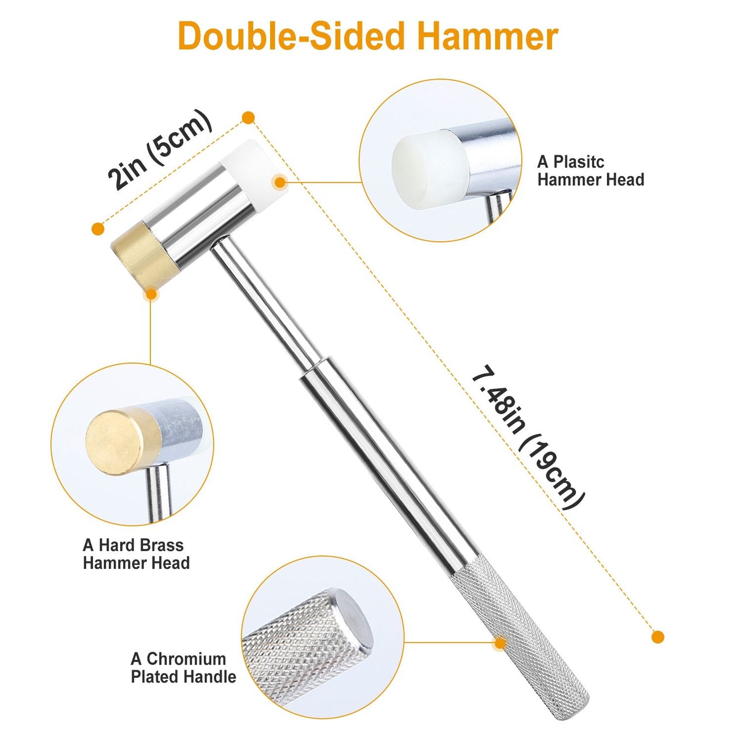 Double-sided hammer featuring a plastic head, brass head, and a durable chromium-plated handle, measuring 7.48 inches (19 cm) long, ideal for precision tasks and preventing damage to surfaces.