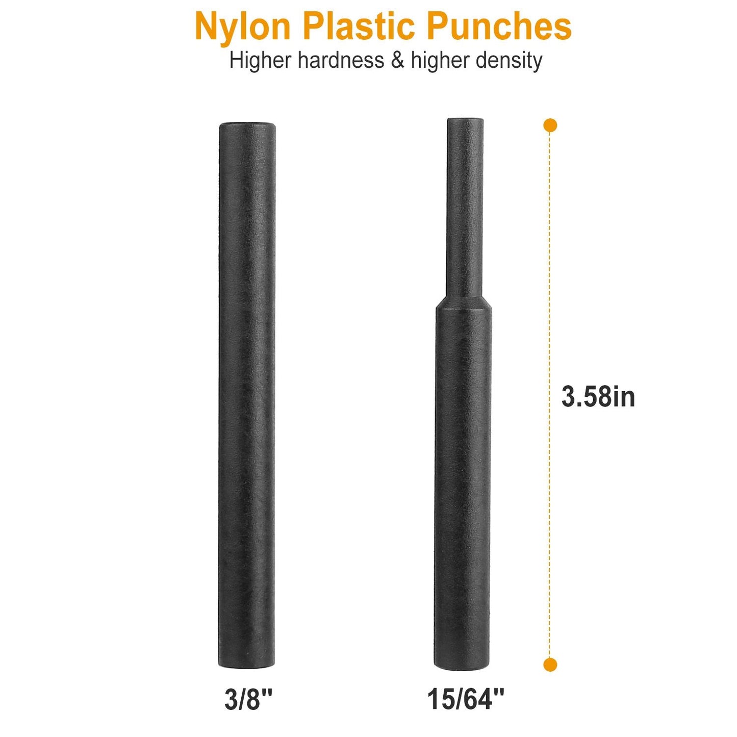 Nylon plastic punches in two sizes, 3/8" and 15/64", showcasing their durable design and 3.58-inch length for high-density applications.