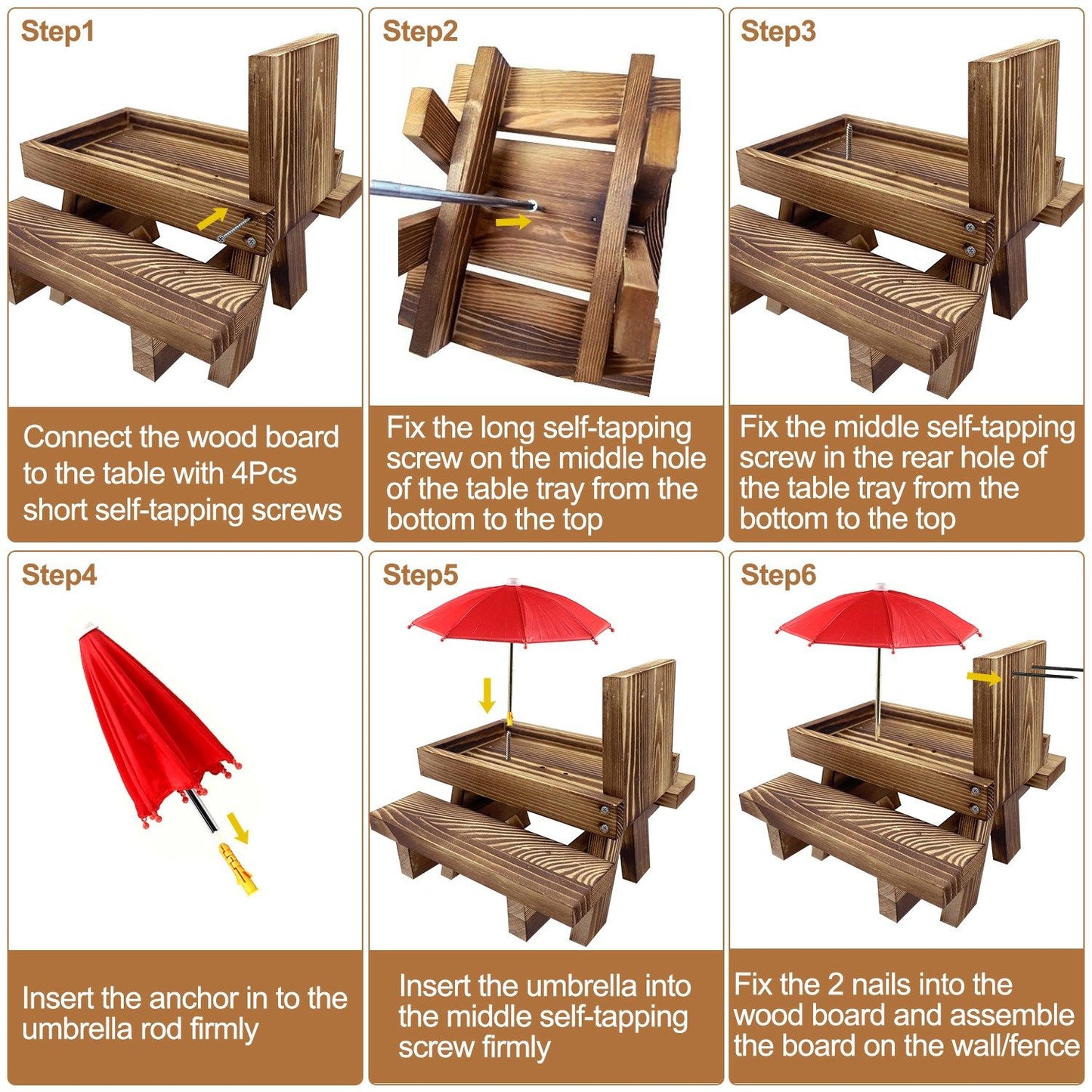 Step-by-step assembly instructions for a wooden outdoor picnic table with umbrella, featuring six clear visual steps for easy setup and installation.
