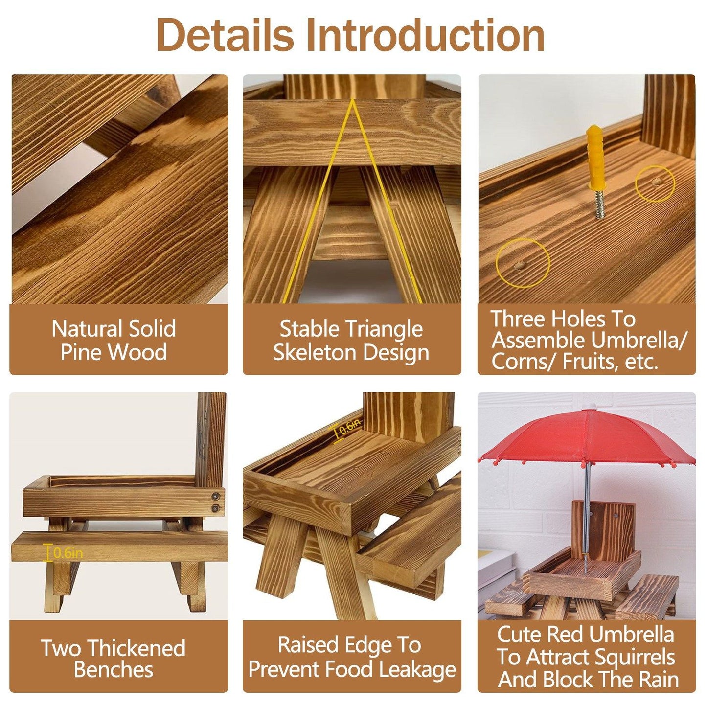 Natural solid pine wood feeder with stable triangle design, featuring raised edges to prevent food leakage, thickened benches for durability, and three holes for umbrella assembly, topped with a cute red umbrella to attract squirrels and block rain.