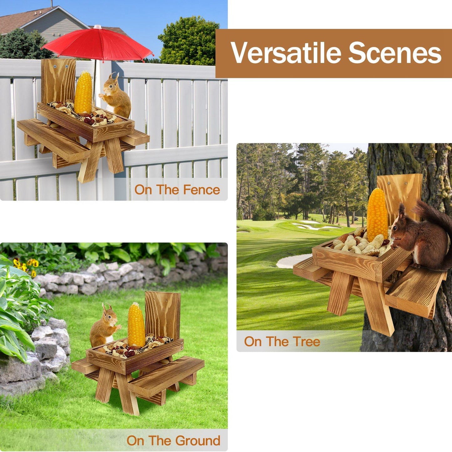 Image of a squirrel feeding station featuring a wooden picnic table with corn and nuts, showcasing three scenes: mounted on a fence, placed on the ground, and attached to a tree, highlighting its versatile use for attracting wildlife.