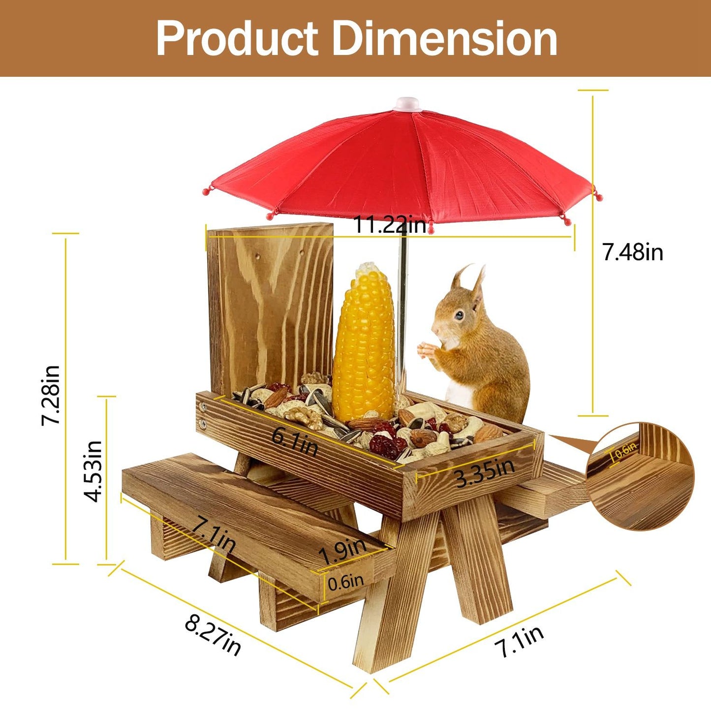 Squirrel picnic table feeder with red umbrella, corn, and mixed nuts, showcasing product dimensions for backyard feeding.