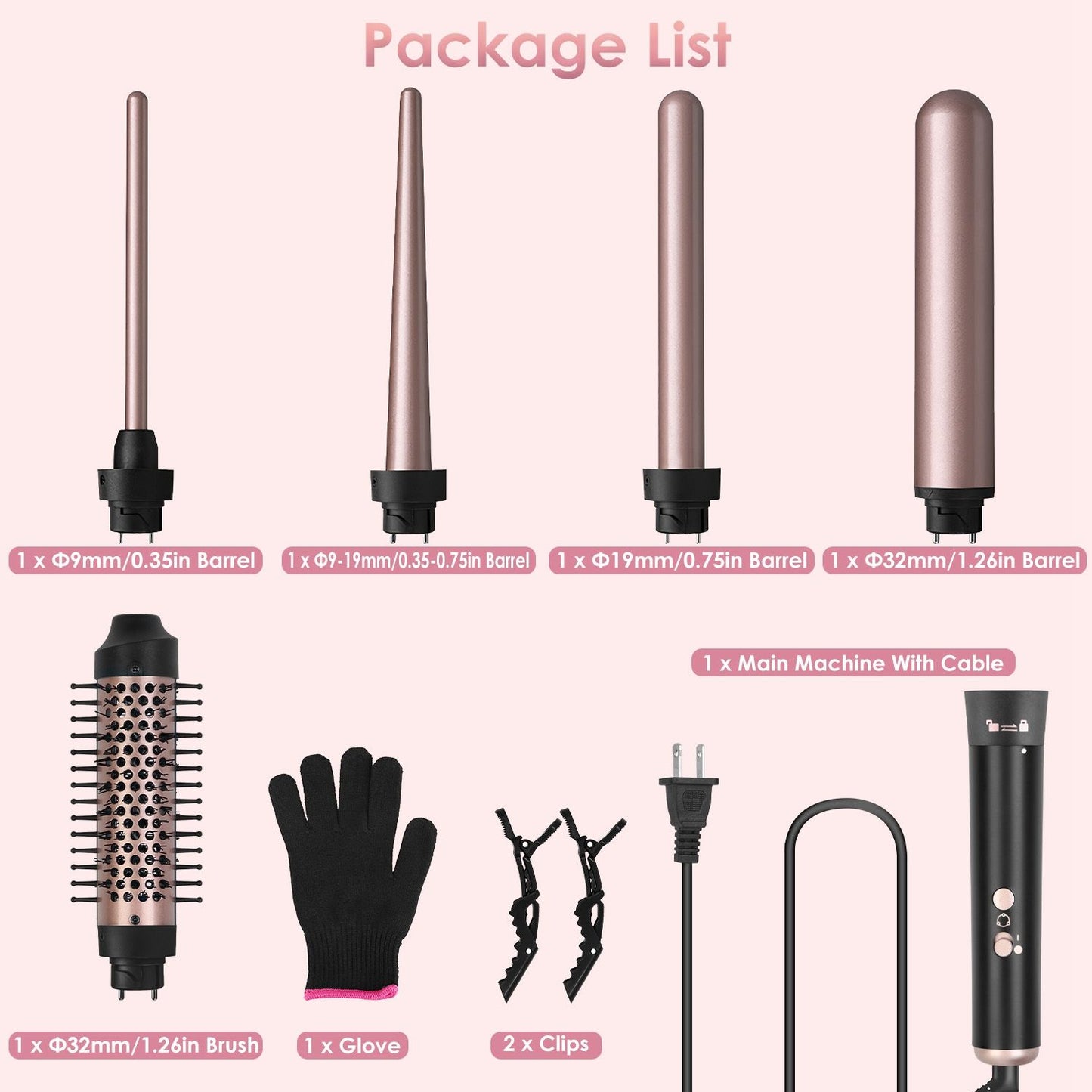 Image showing a hair styling kit containing four interchangeable curling barrels (sizes: 9mm, 19mm, 19mm-32mm, and 32mm), a round brush, a heat-resistant glove, two hair clips, and a main curling machine with a power cable, all in a sleek design.