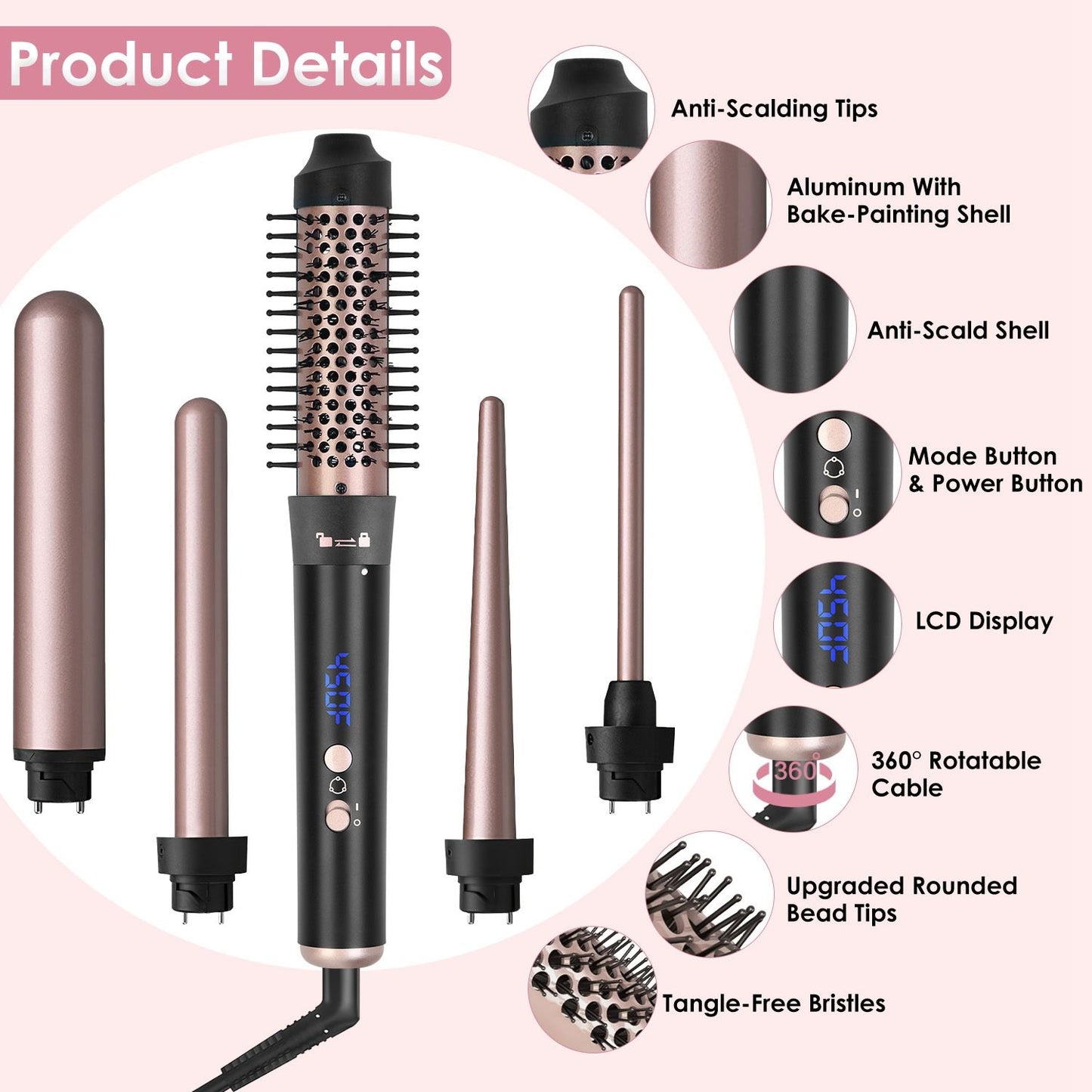 Five interchangeable styling barrels for a versatile hair styling tool with anti-scalding tips, LCD display, and tangle-free bristles, featuring a sleek black and rose gold design.
