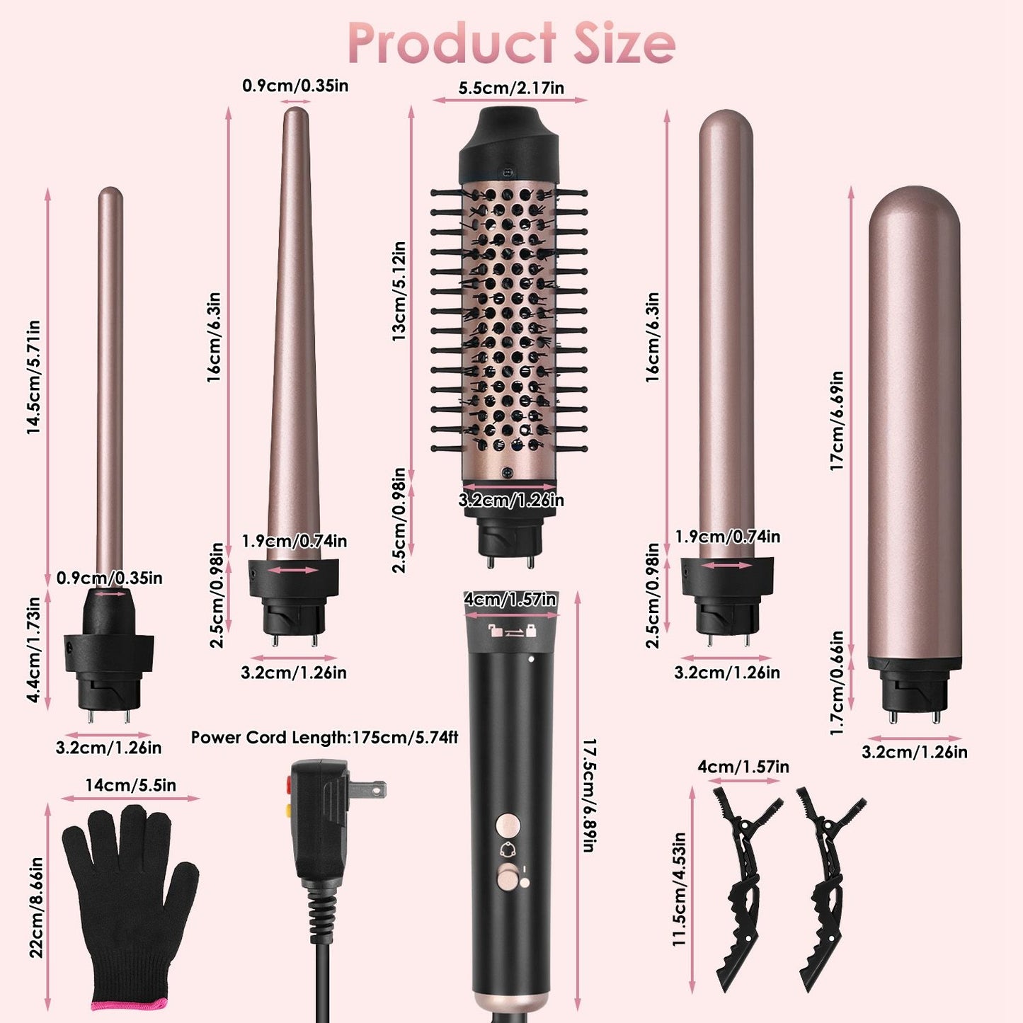 Product size chart for a versatile curling wand with multiple attachments, including a glove for protection and two hair clips, displaying precise dimensions for each component.