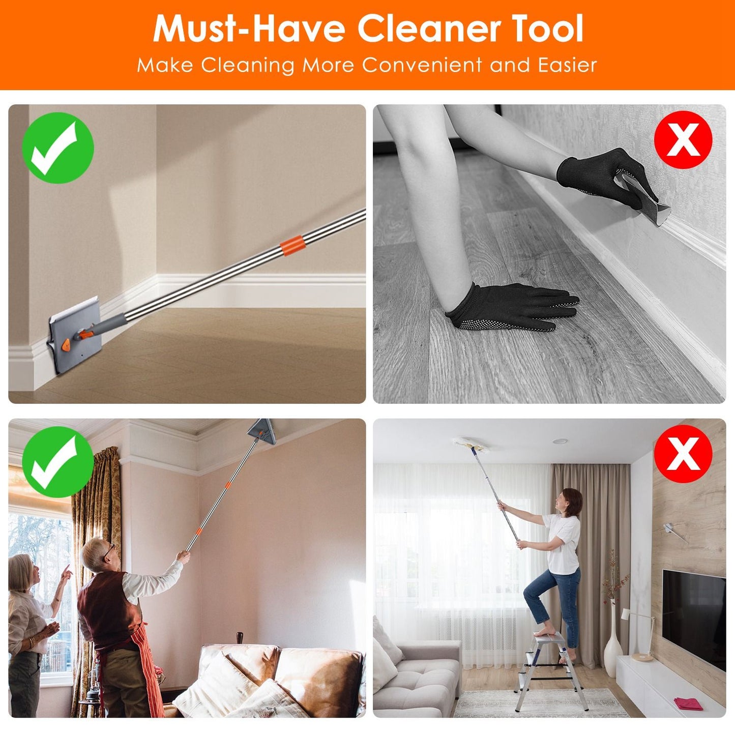 Comprehensive comparison of a versatile cleaning tool with images illustrating its effective use versus ineffective cleaning methods, emphasizing convenience and safety.