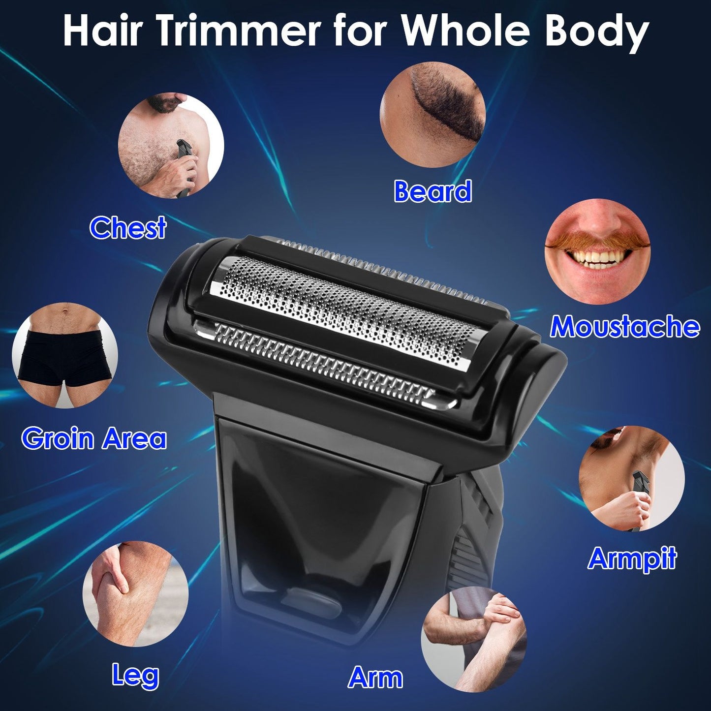 Hair trimmer designed for whole body grooming, featuring various areas of use including chest, beard, moustache, groin, armpit, arm, and leg.