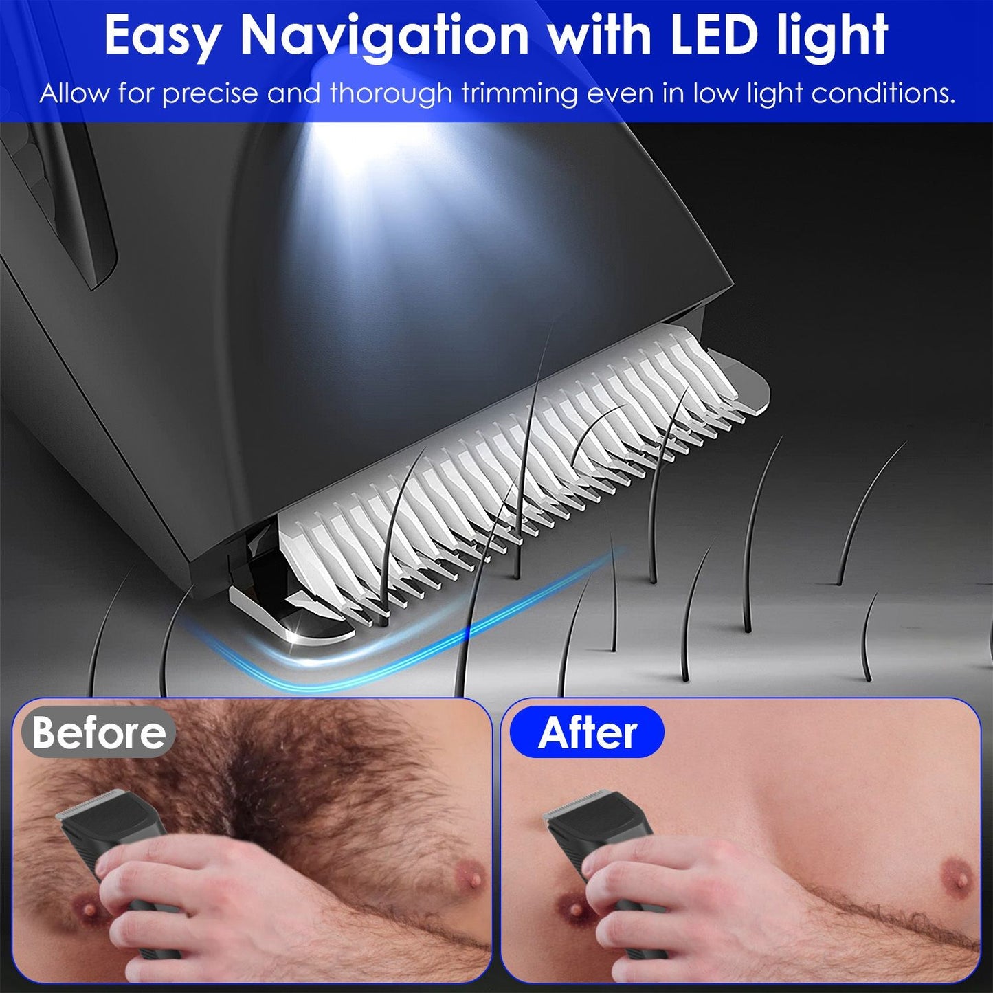LED-equipped hair trimmer with before-and-after comparison highlighting precision grooming for body hair in low light conditions.