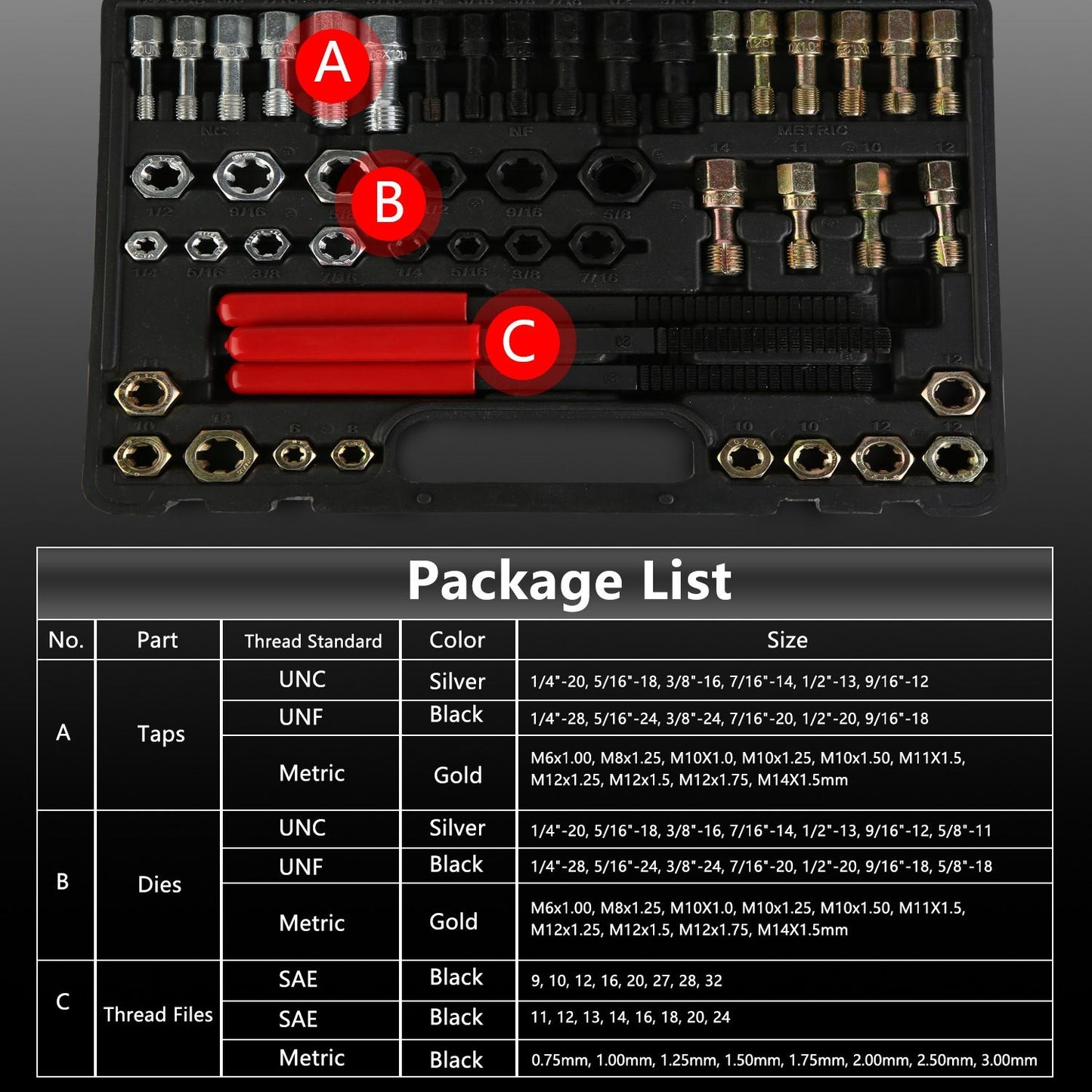Comprehensive threading tool set featuring taps, dies, and thread files in various sizes and color-coded for easy identification, ideal for precision work on different thread standards.