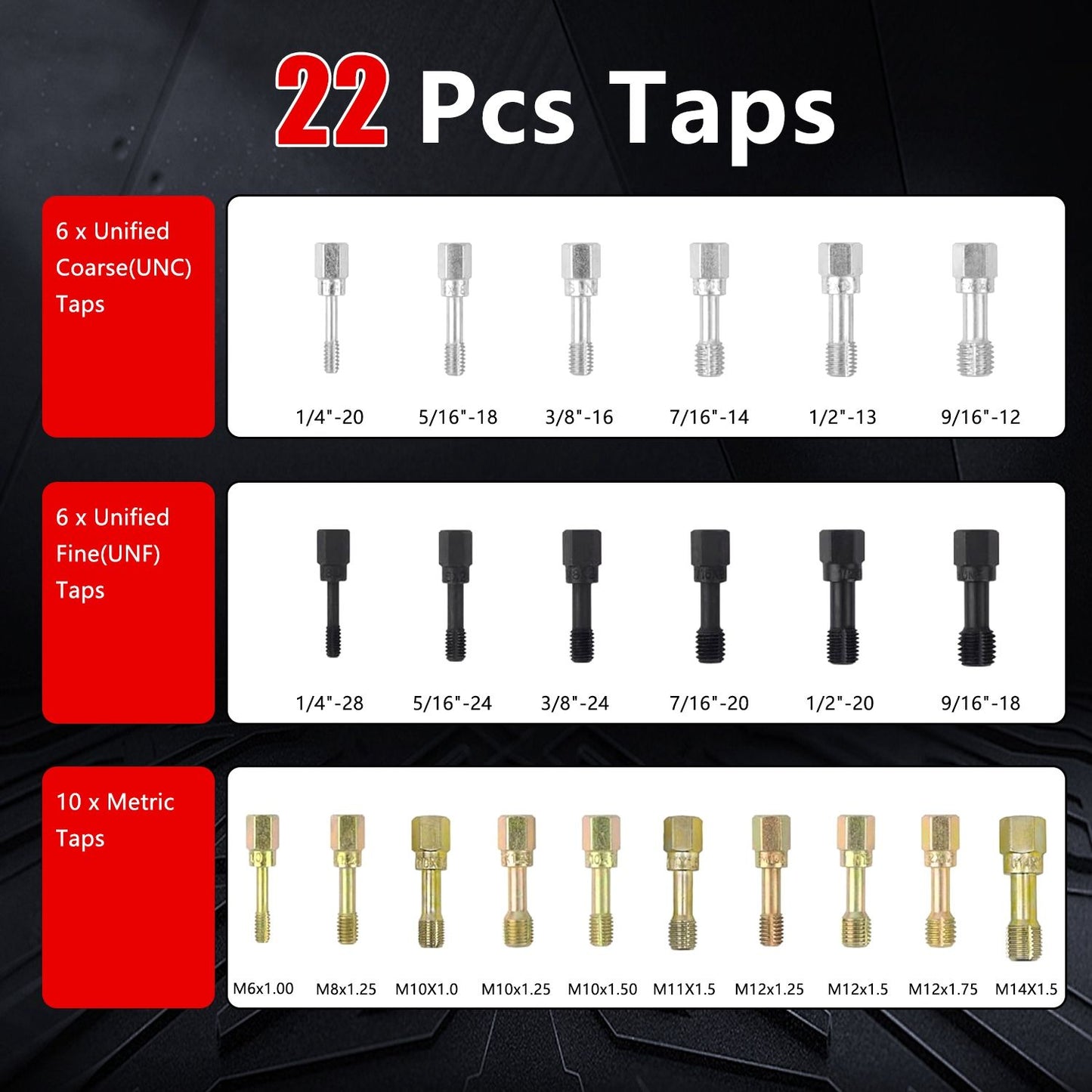 22-piece tap set including 6 unified coarse taps, 6 unified fine taps, and 10 metric taps, featuring various sizes for versatile threading applications.