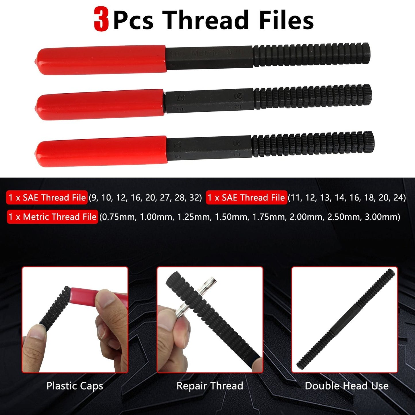Three-piece set of thread files featuring red plastic caps for easy grip, designed for both SAE and metric sizes to repair threads of various diameters.