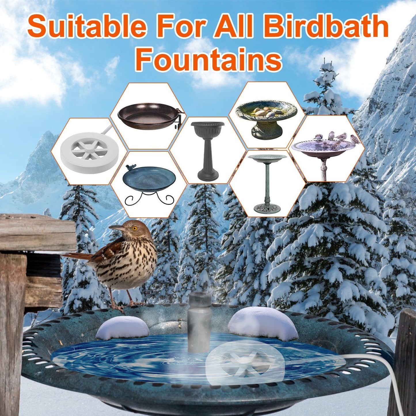 Image of a birdbath surrounded by snowy mountains, featuring various birdbath styles and a perched bird, promoting suitability for all birdbath fountains.