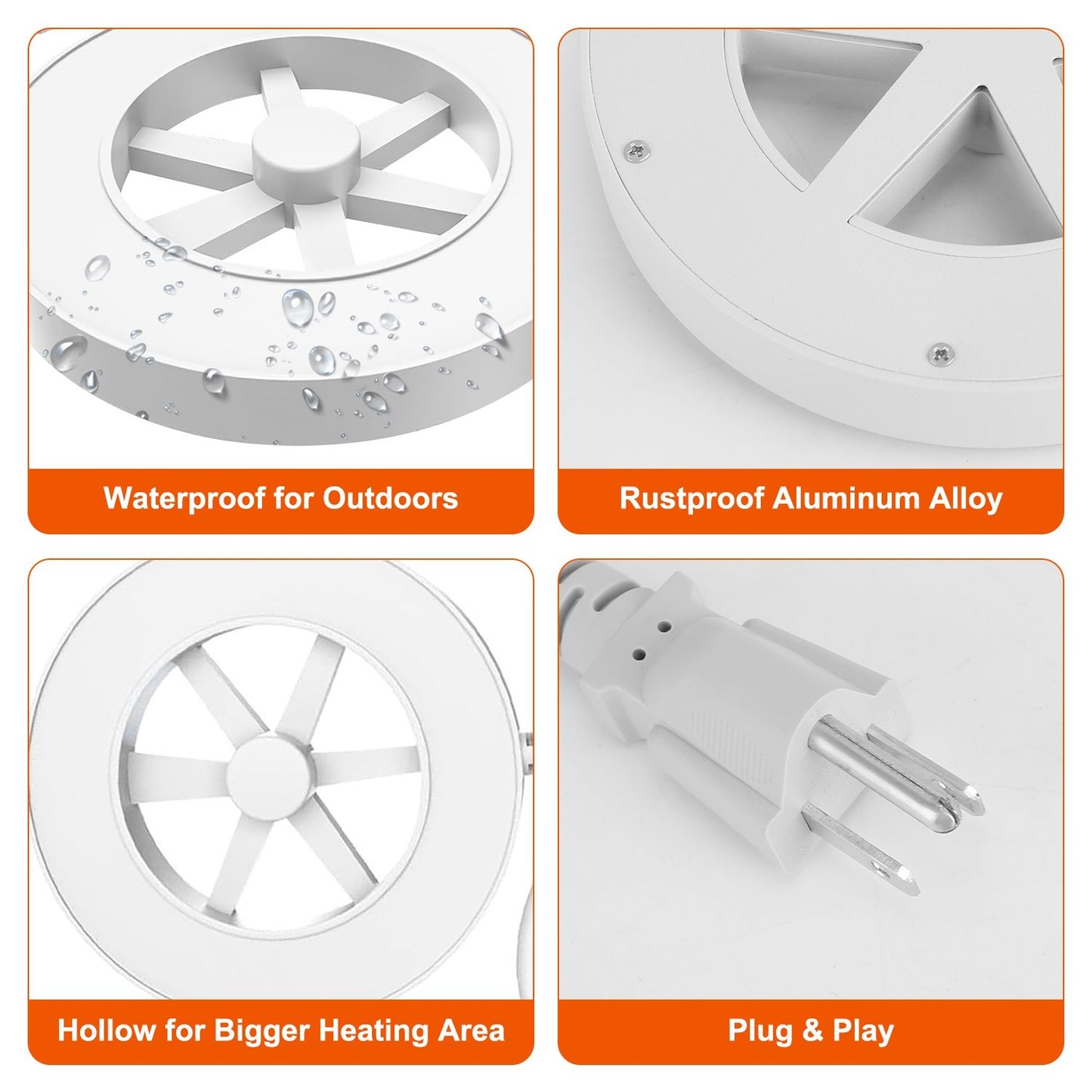 Waterproof outdoor heating product featuring rustproof aluminum alloy, designed with a larger hollow area for efficient heat distribution and convenient plug-and-play setup.