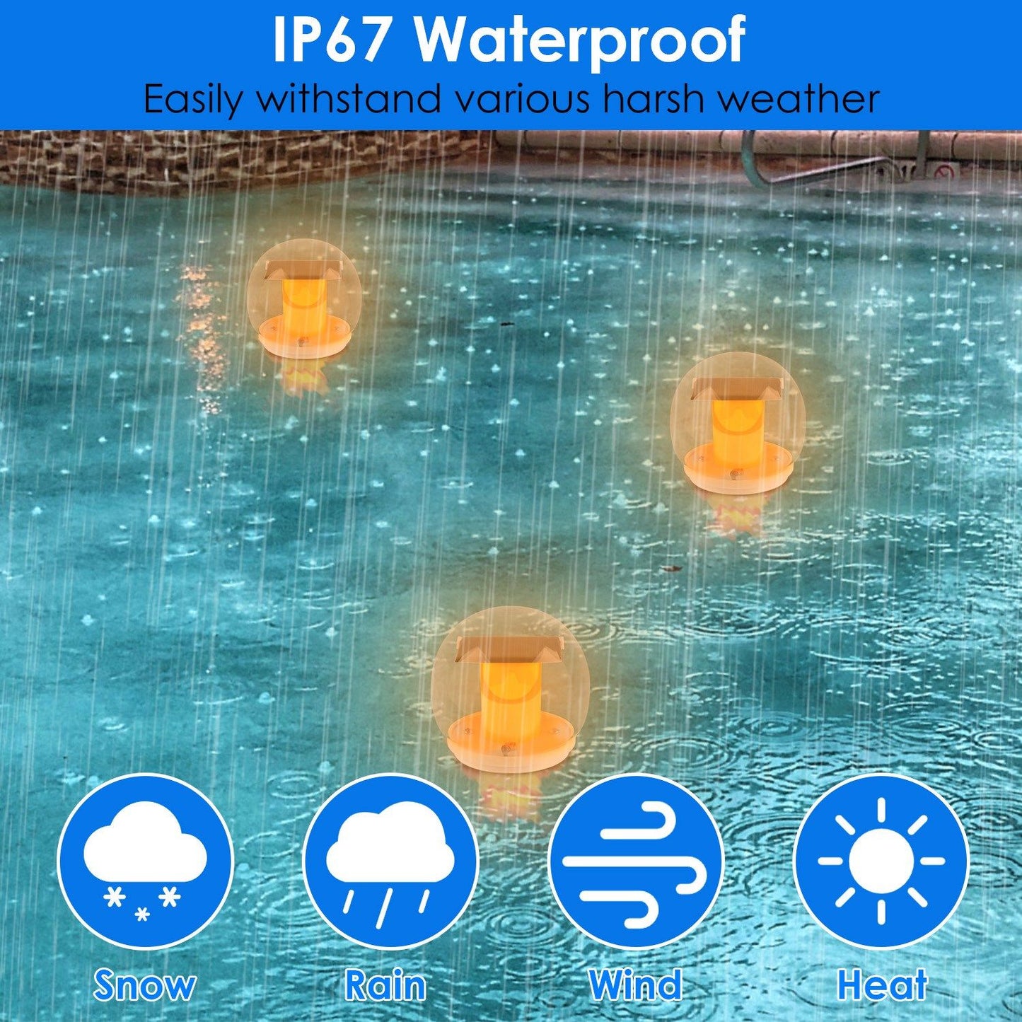 Floating waterproof lights in a pool during rain, featuring IP67 rating for durability against harsh weather conditions like snow, rain, wind, and heat.