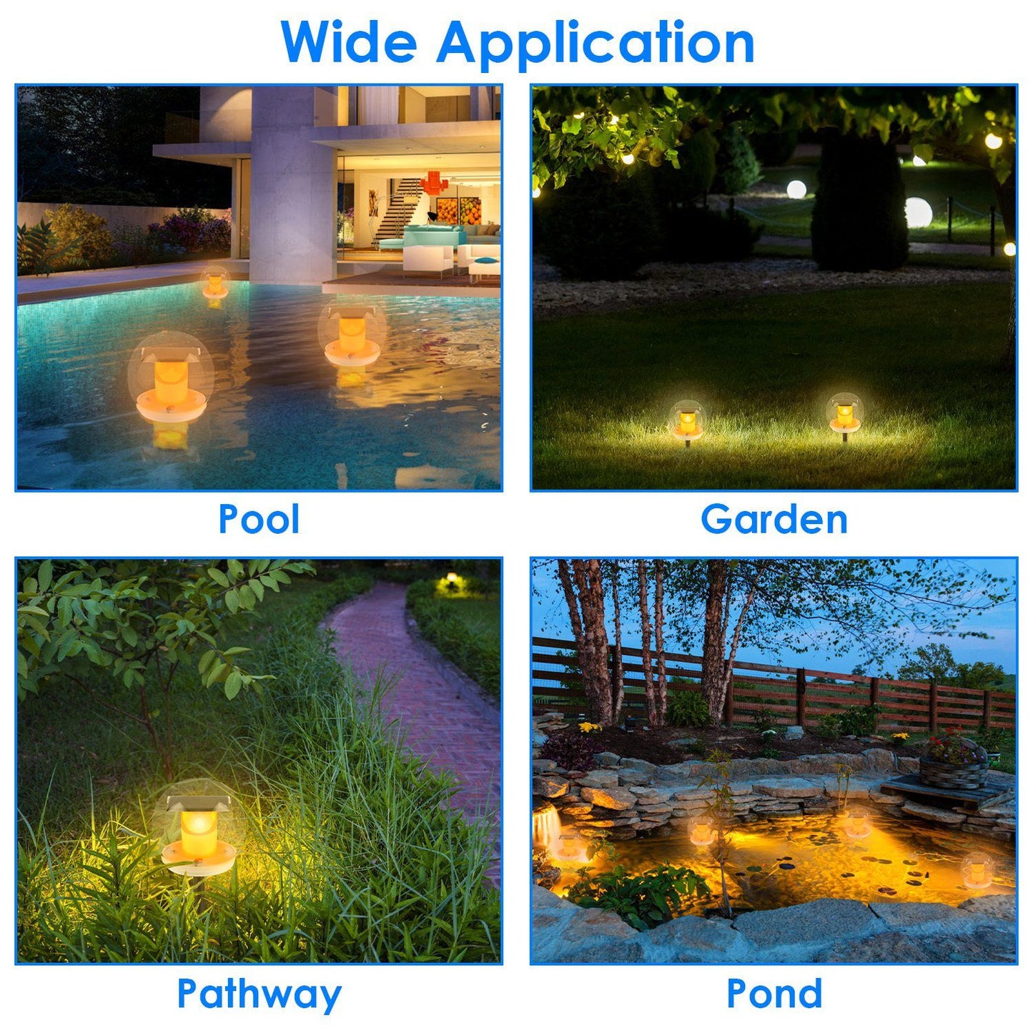 Floating and garden decorative solar lights illuminating a pool, garden, pathway, and pond, showcasing versatile outdoor lighting solutions for any landscape.
