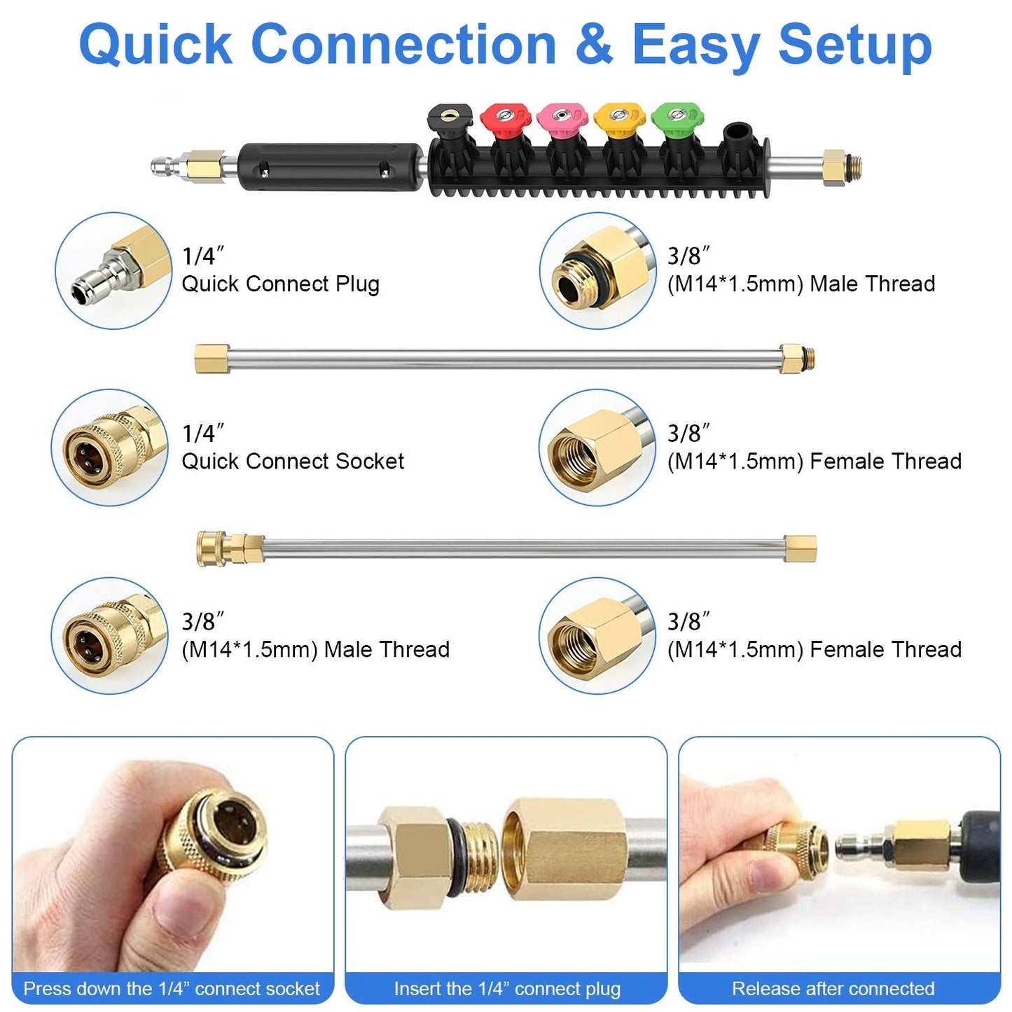 Premium pressure washer quick connect accessories featuring a variety of connectors, including 1/4" quick connect plug and socket, and 3/8" male and female threads, designed for easy setup and efficient water flow.