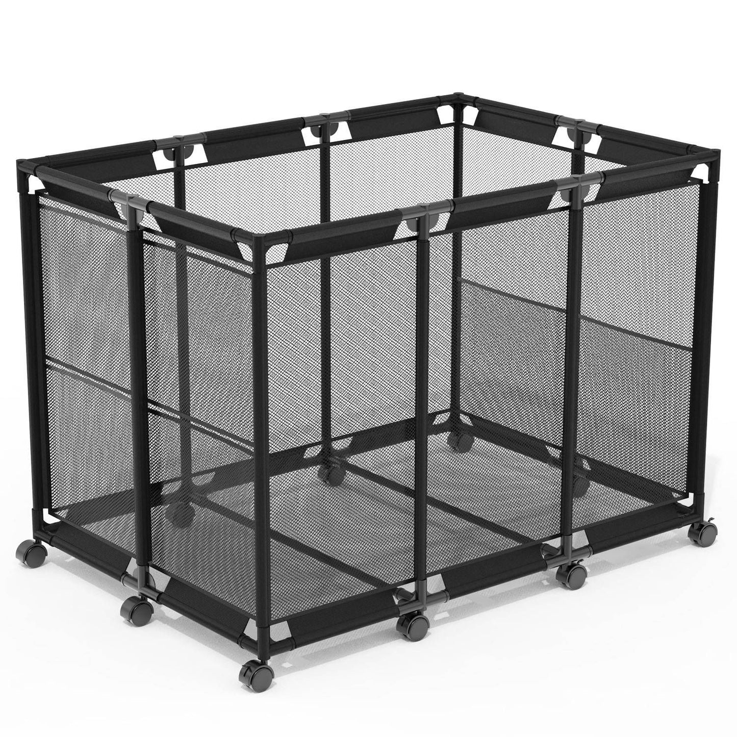 Portable black pet playpen with mesh panels and wheels for easy mobility