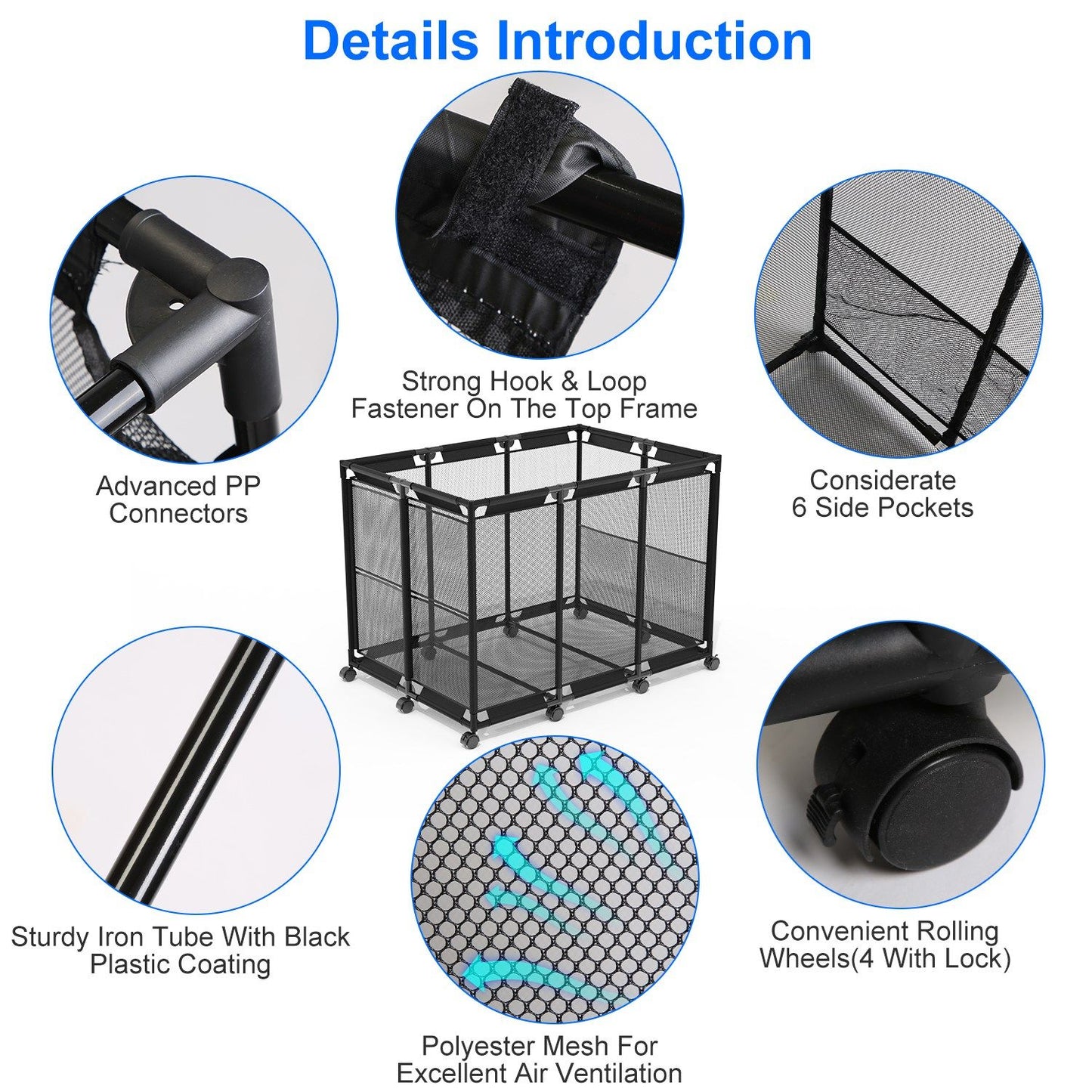 Portable pet playpen with black iron frame, mesh sides for ventilation, and convenient rolling wheels for easy mobility, featuring strong hook and loop fasteners and six side pockets for storage.