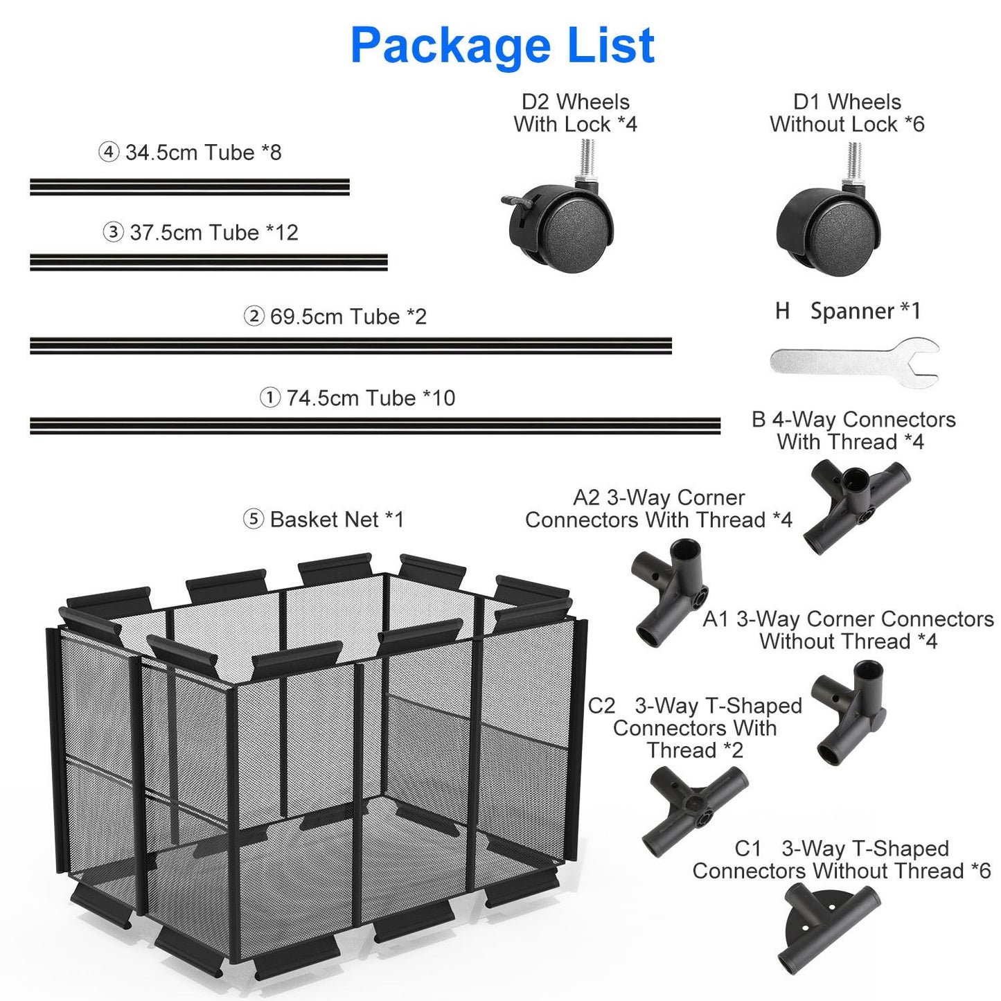 Diagram showing package list components for a modular storage cart, including tubes of various lengths, wheels with and without locks, connectors, and a basket net for assembly.