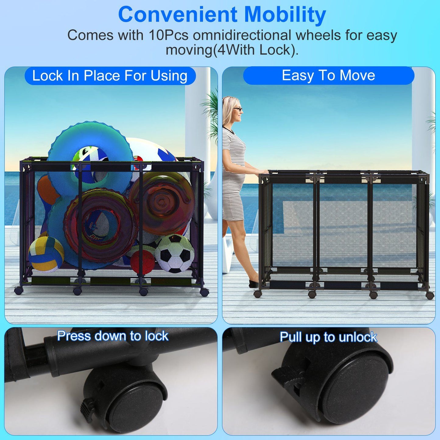 Omnidirectional wheeled storage cart with sports balls and pool floats, featuring a practical locking mechanism, designed for easy movement and organization.