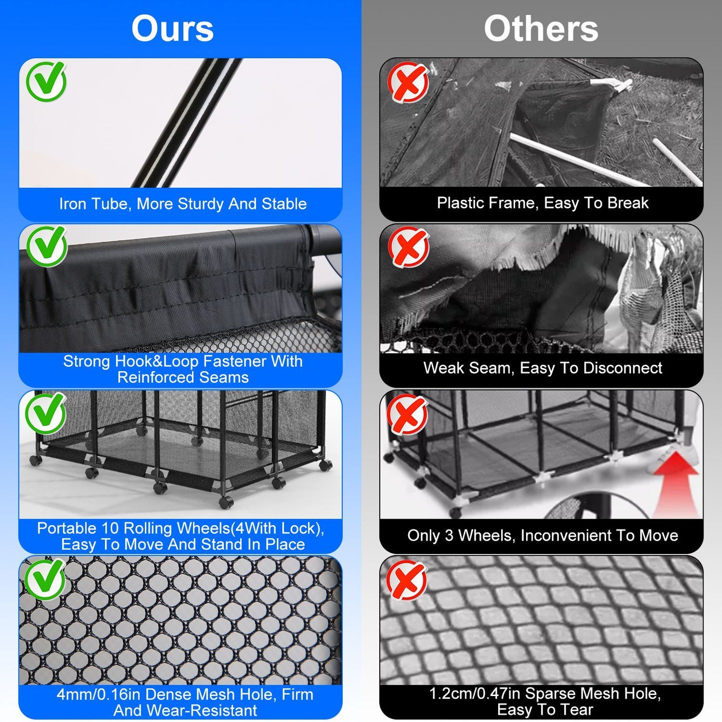 Comparison image highlighting the advantages of a sturdy, portable iron frame storage solution with reinforced seams and easy mobility versus a less durable plastic frame with weak seams and limited wheels.