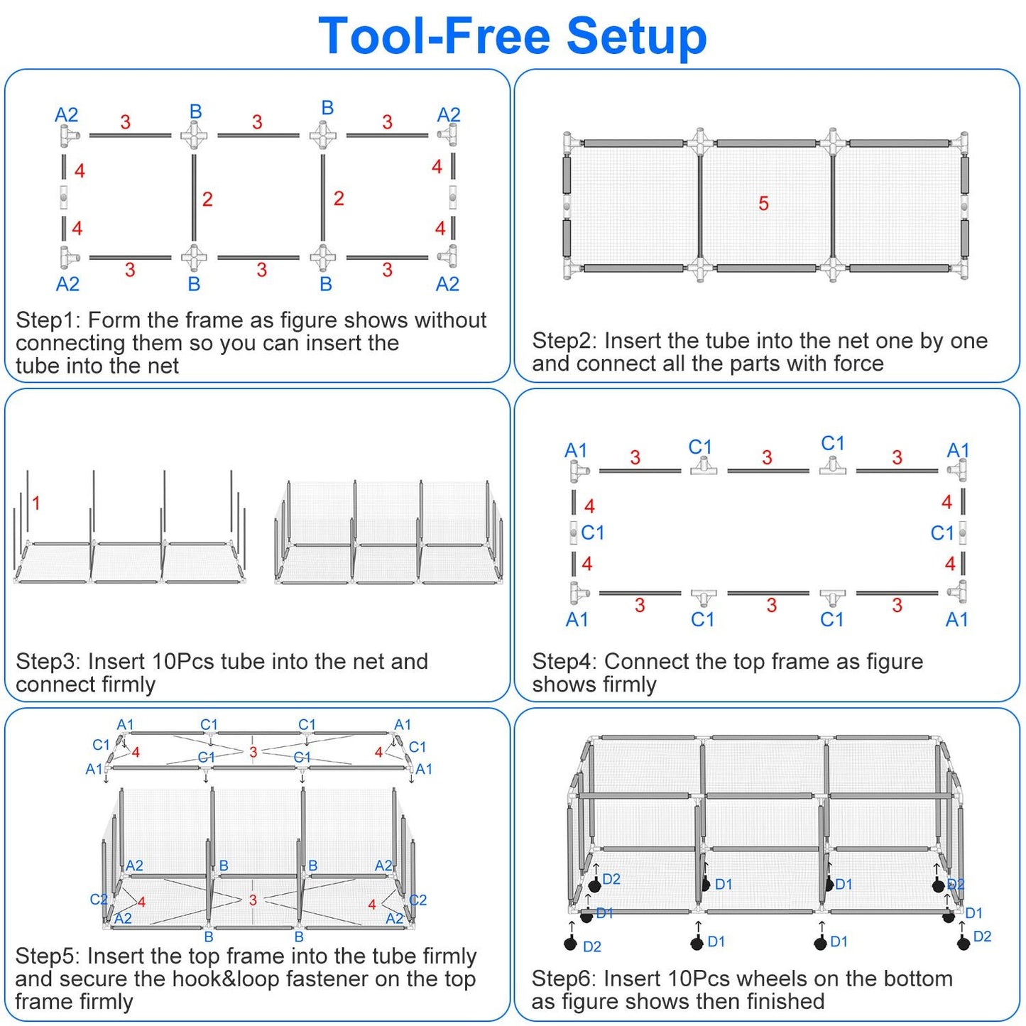 Assembly instructions for a tool-free setup of a portable net fence, showing six steps with diagrams for each stage, including forming the frame, inserting tubes, and securing the top frame and wheels.