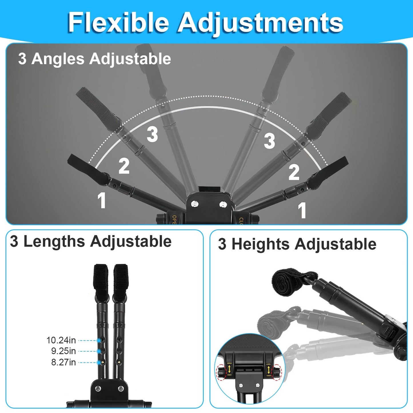 Adjustable tripod featuring three angles, lengths, and heights for versatile positioning, ideal for photography and videography use.