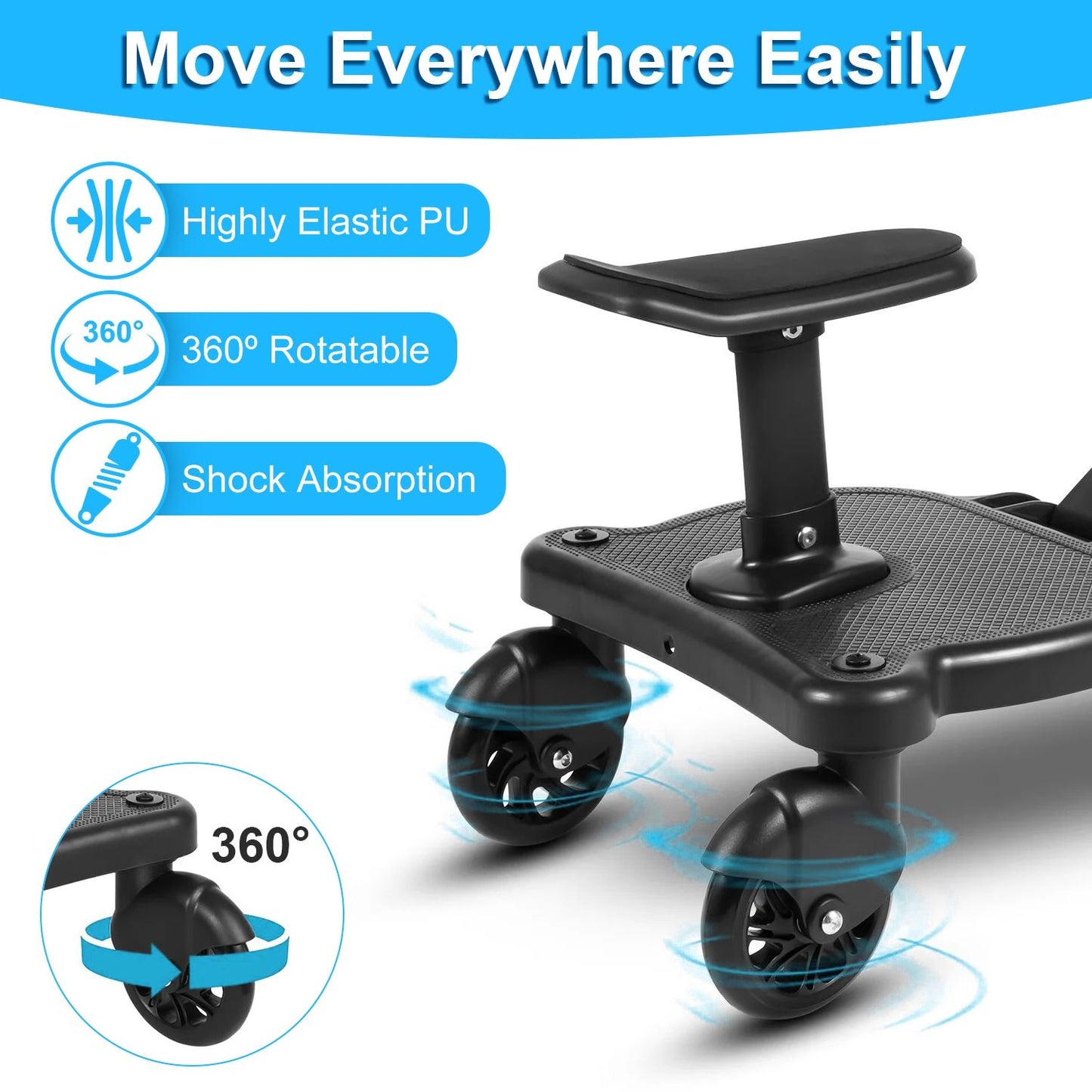 Durable, highly elastic PU wheeled scooter featuring a 360-degree rotatable base and shock-absorbing wheels for smooth movement and easy maneuverability.