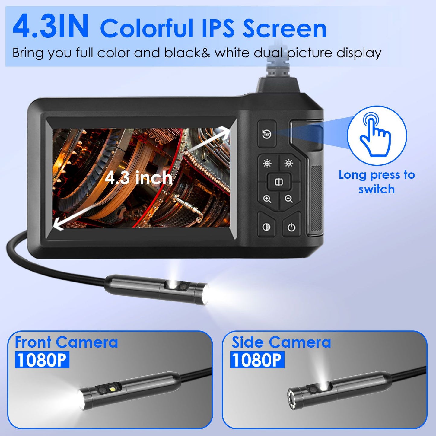 Compact endoscope with 4.3-inch colorful IPS screen, featuring 1080P front and side cameras for high-quality imaging, ideal for inspection and repair tasks.