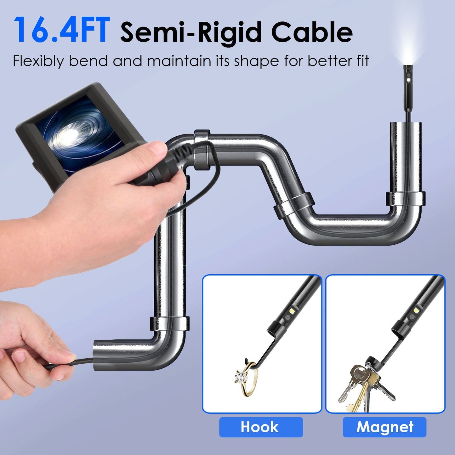 16.4FT semi-rigid inspection camera cable with flexible design, showing a hand holding the monitor while the camera probes with hook and magnet attachments for retrieving items in hard-to-reach spaces.