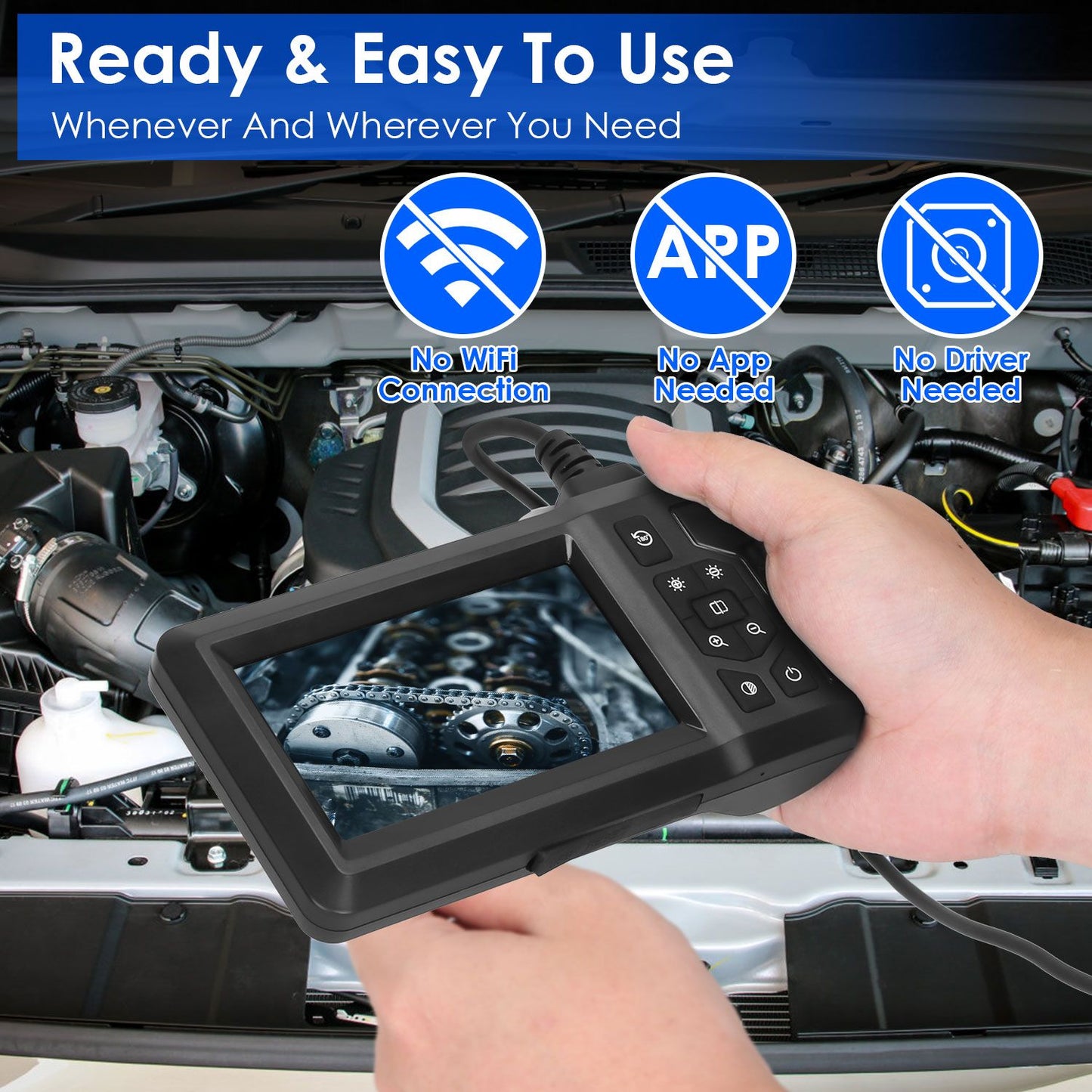 A person holding an easy-to-use automotive diagnostic tool in front of an open car engine, showcasing its features: ready to use without WiFi, app, or driver installation needed.