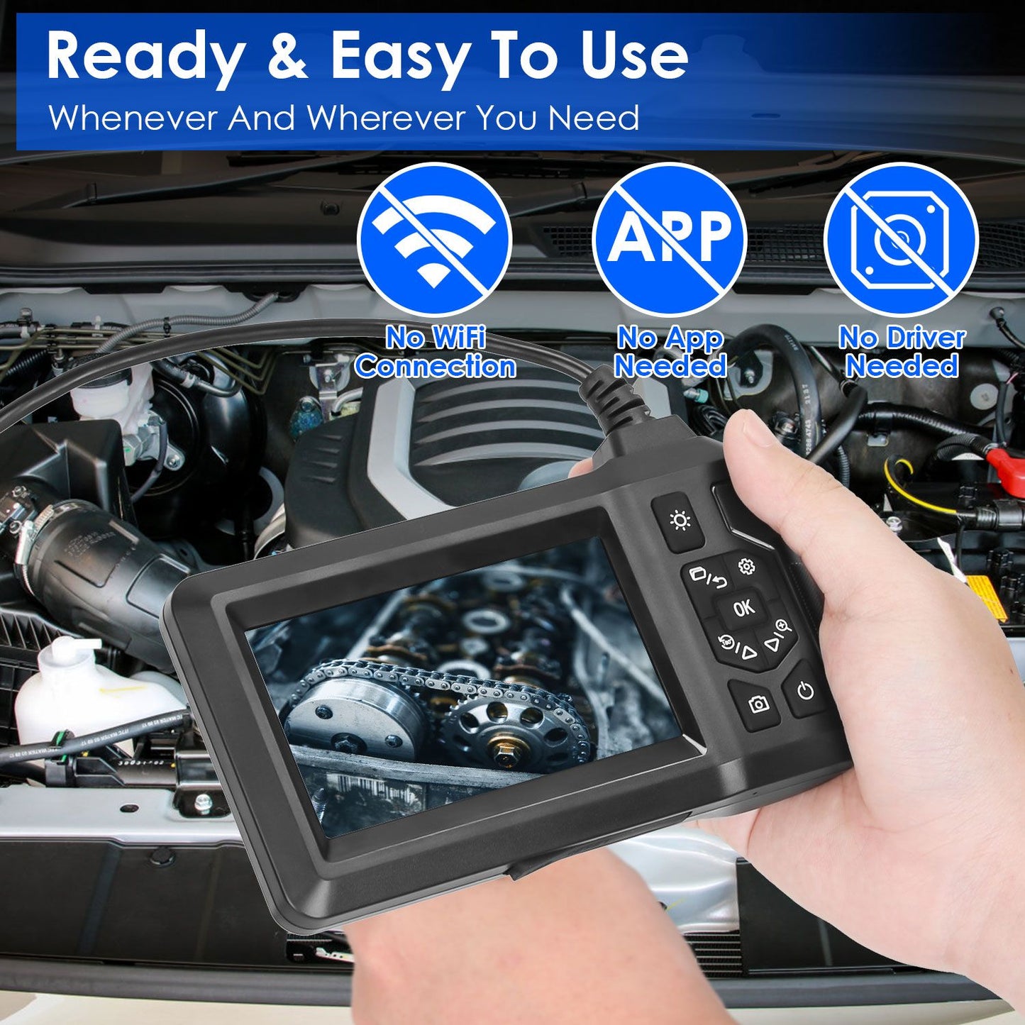 Handheld automotive inspection camera showing gears on screen, illustrating user-friendly features like no WiFi, no app, and no driver needed, with an engine background.