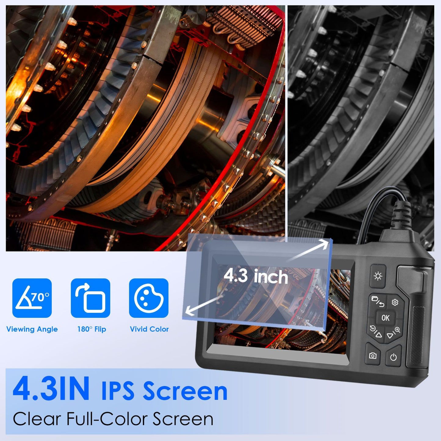 4.3-inch IPS screen displaying vivid colors and a clear image of machinery, featuring a user-friendly interface with controls for easy navigation and optimal viewing angles.