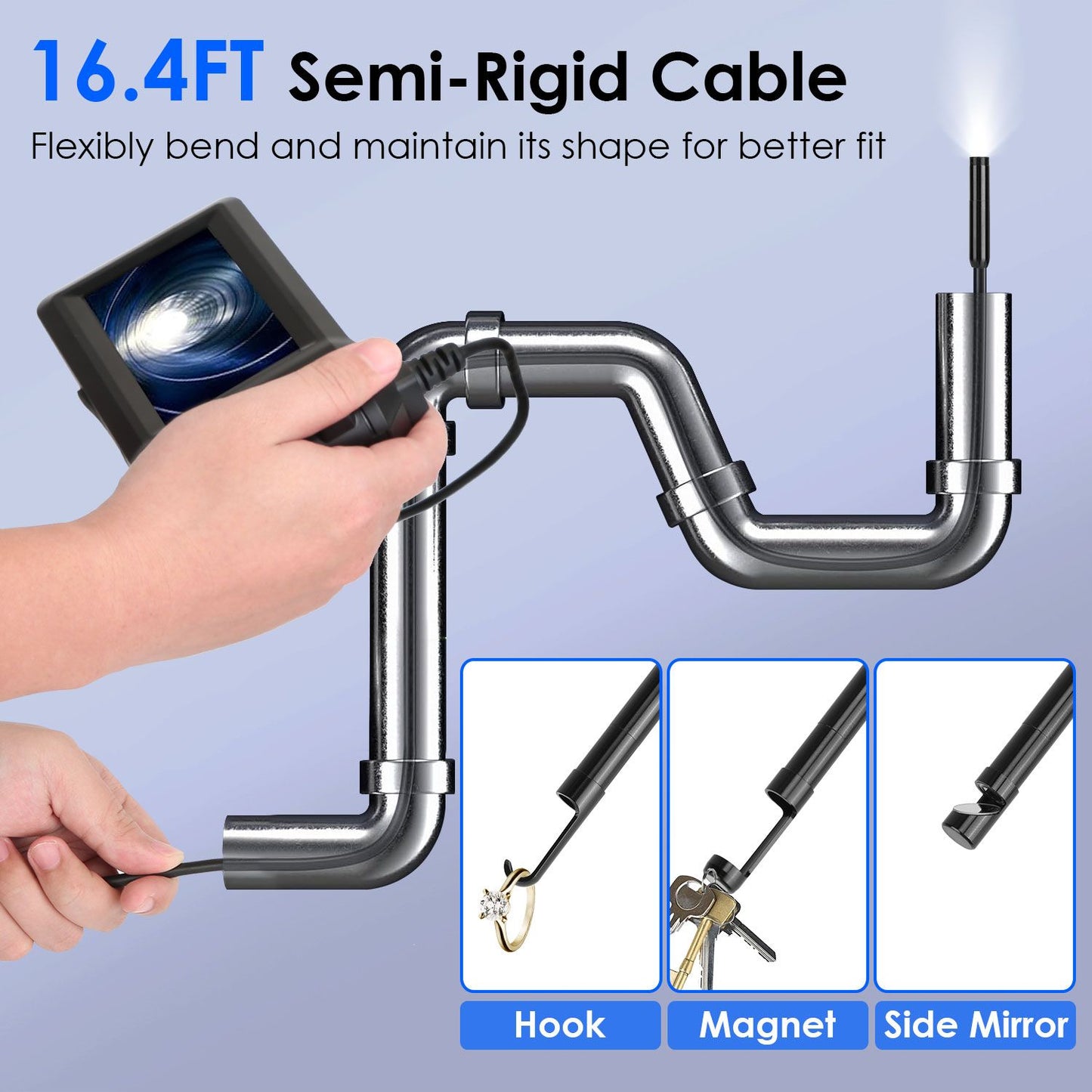16.4FT semi-rigid inspection cable in use, showcasing flexible design, with a variety of attachments including a hook, magnet, and side mirror, ideal for retrieving objects in hard-to-reach areas.