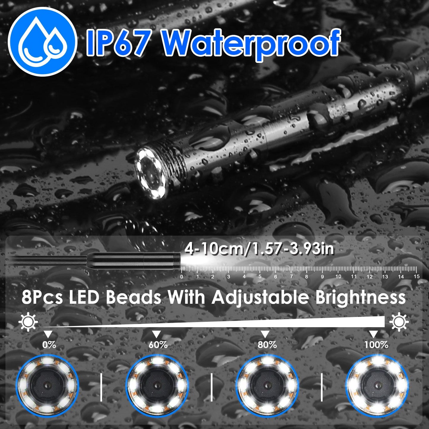IP67 waterproof flashlight with 8 adjustable brightness LED beads, measuring 4-10cm, ideal for outdoor use in wet conditions.