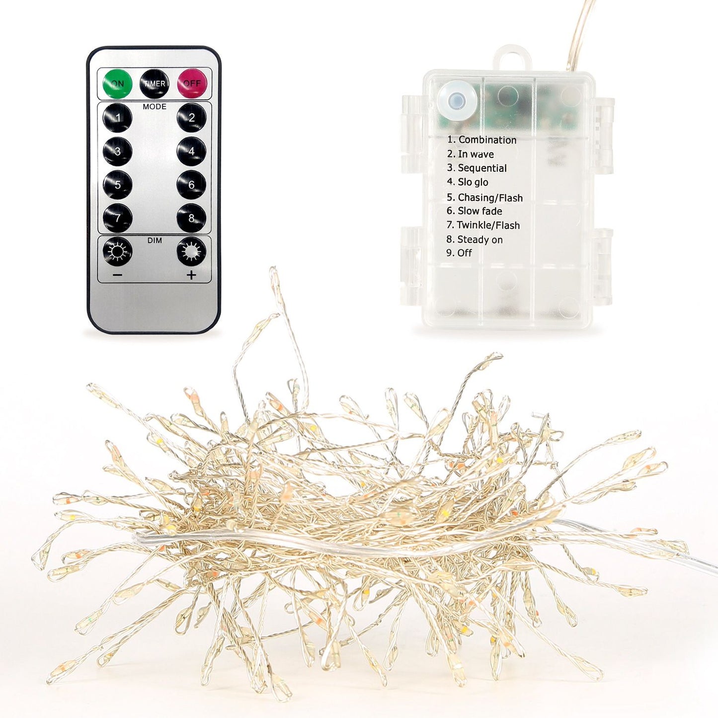 Remote-controlled LED fairy lights set with multiple modes and dimming function, featuring a flexible wire design and a convenient control box for easy operation.