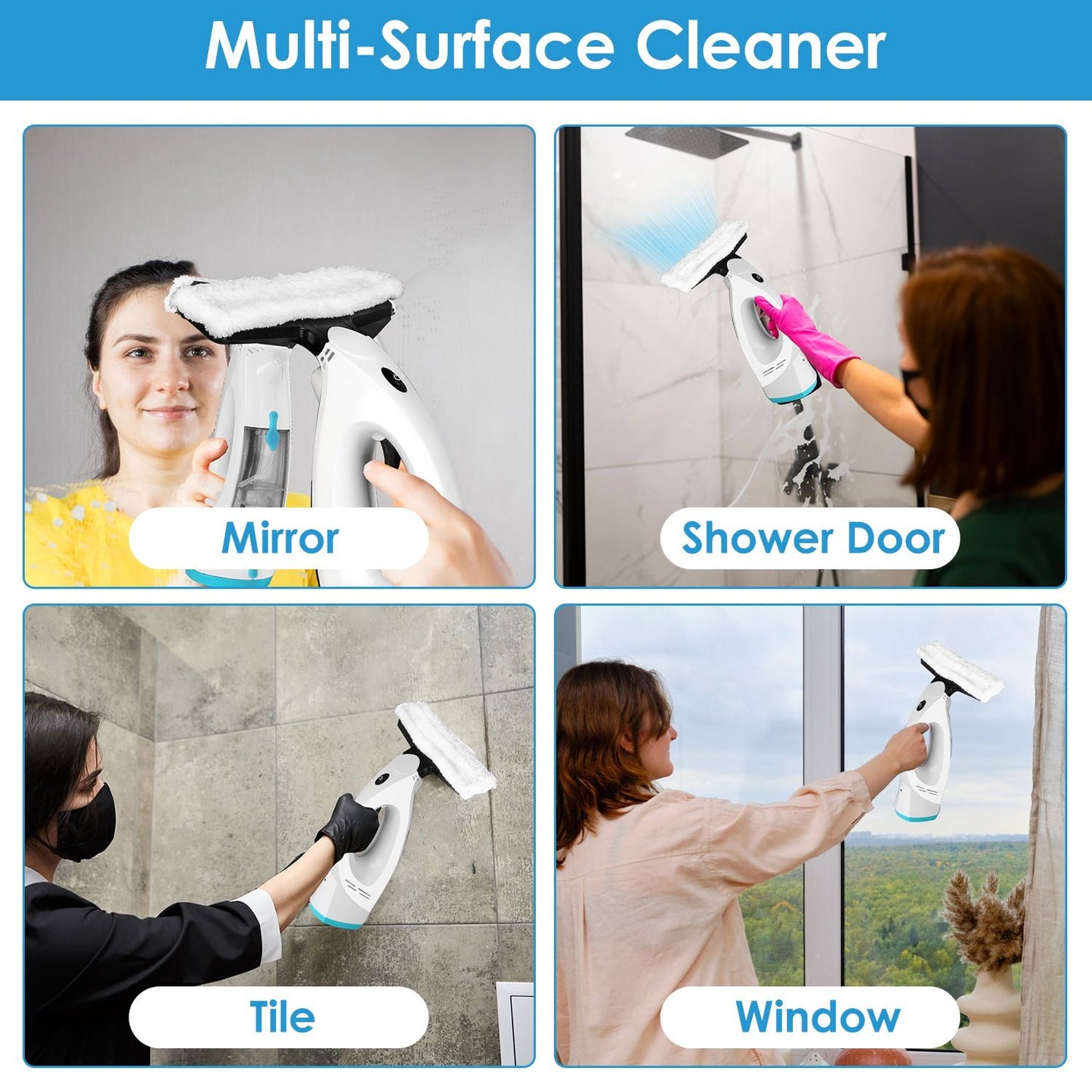 Multi-surface cleaner being used on a mirror, shower door, tile, and window by individuals demonstrating its versatility for cleaning various surfaces.