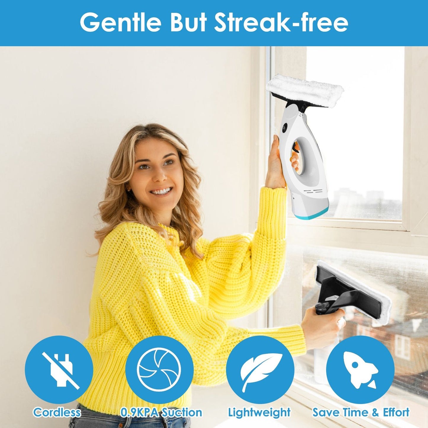 Woman using a cordless, lightweight window cleaning device with streak-free technology, showcasing effortless cleaning on a bright window, surrounded by icons highlighting product features.