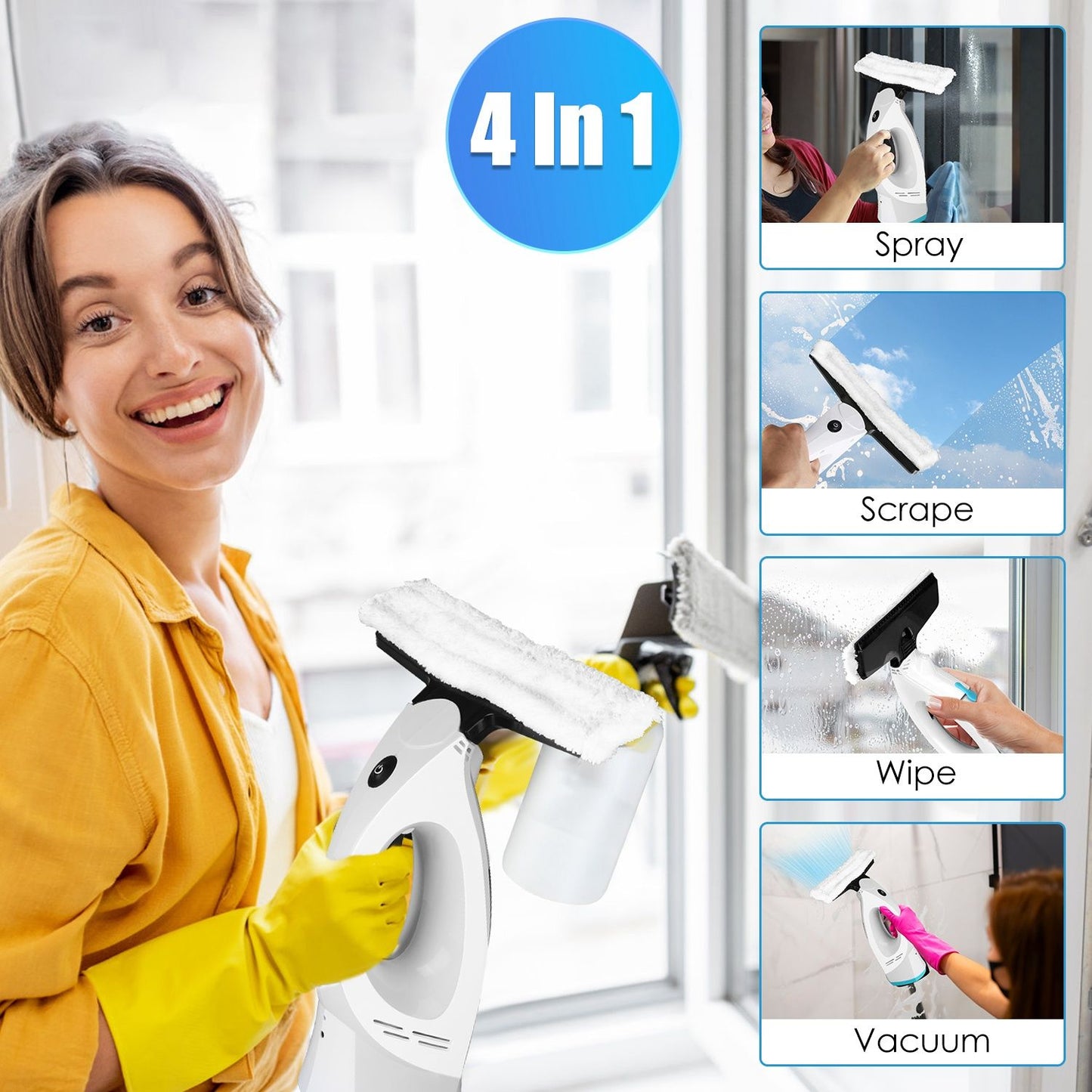 4-in-1 window cleaning tool with features for spraying, scraping, wiping, and vacuuming, shown in use by a person wearing yellow gloves next to a window.