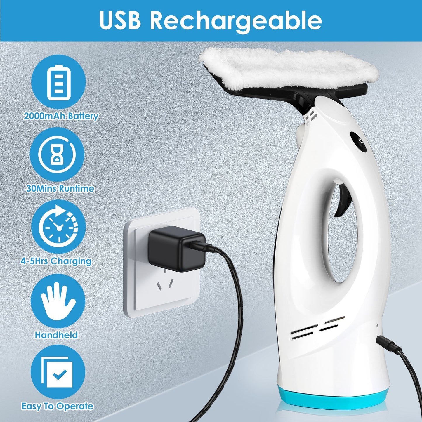 USB rechargeable handheld electric window cleaner with 2000mAh battery, providing 30 minutes of runtime, featuring easy operation and compact design.