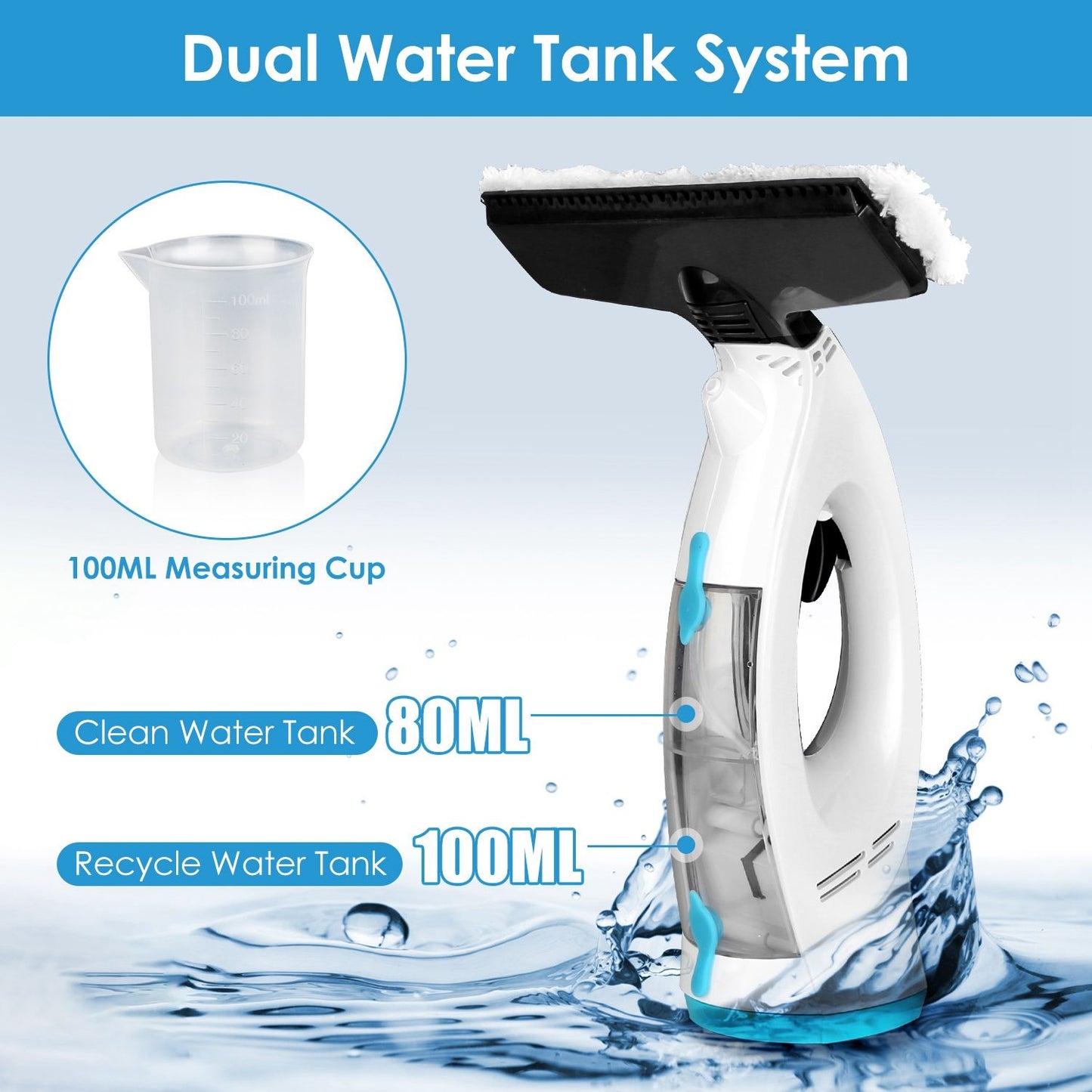 Dual water tank system window cleaner with 80ML clean water tank, 100ML recycle water tank, and a measuring cup, designed for efficient and effective cleaning.