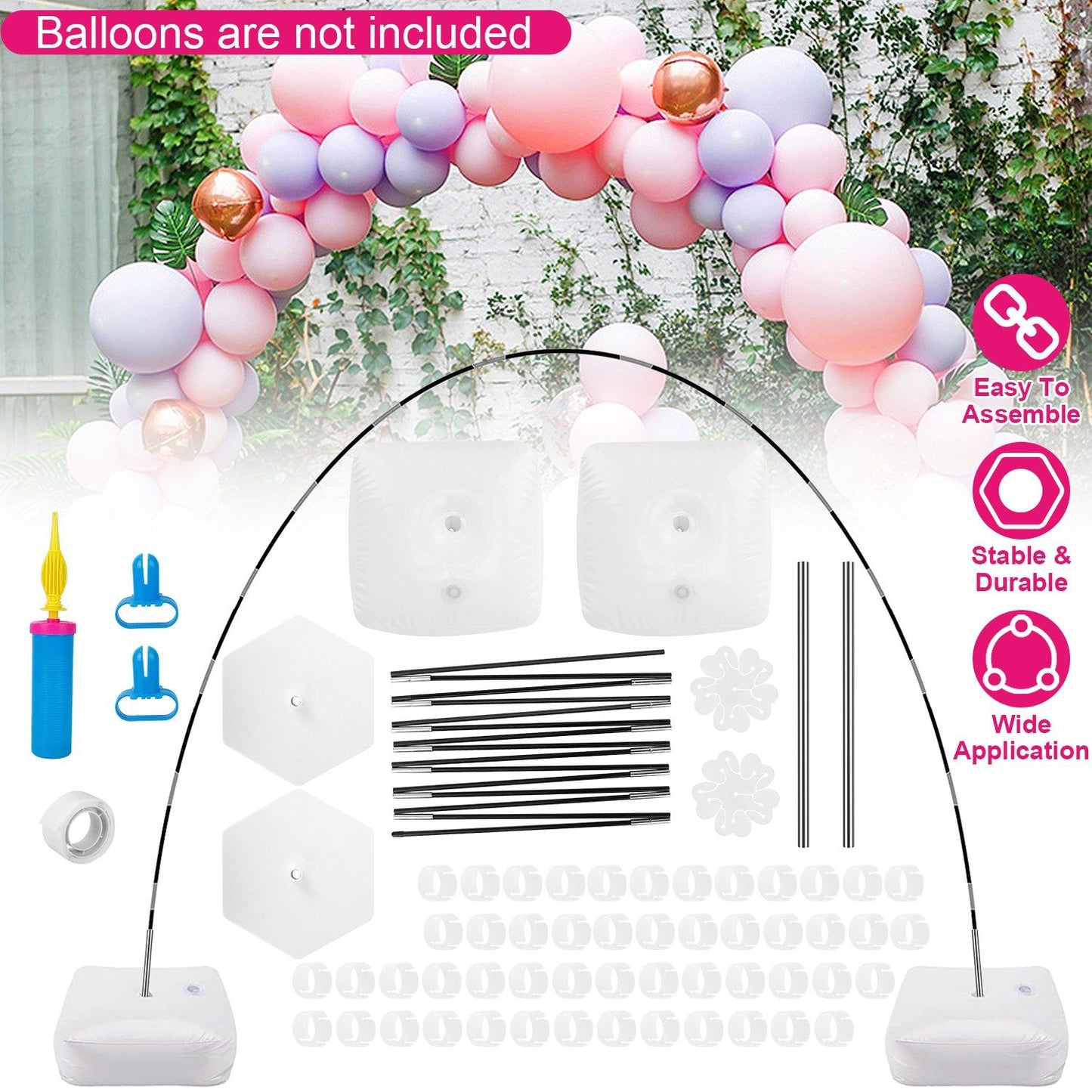 Balloon arch kit components including base plates, curved support poles, balloon clips, air pump, and decorative positioning for a colorful balloon display, with emphasis on ease of assembly and durability.