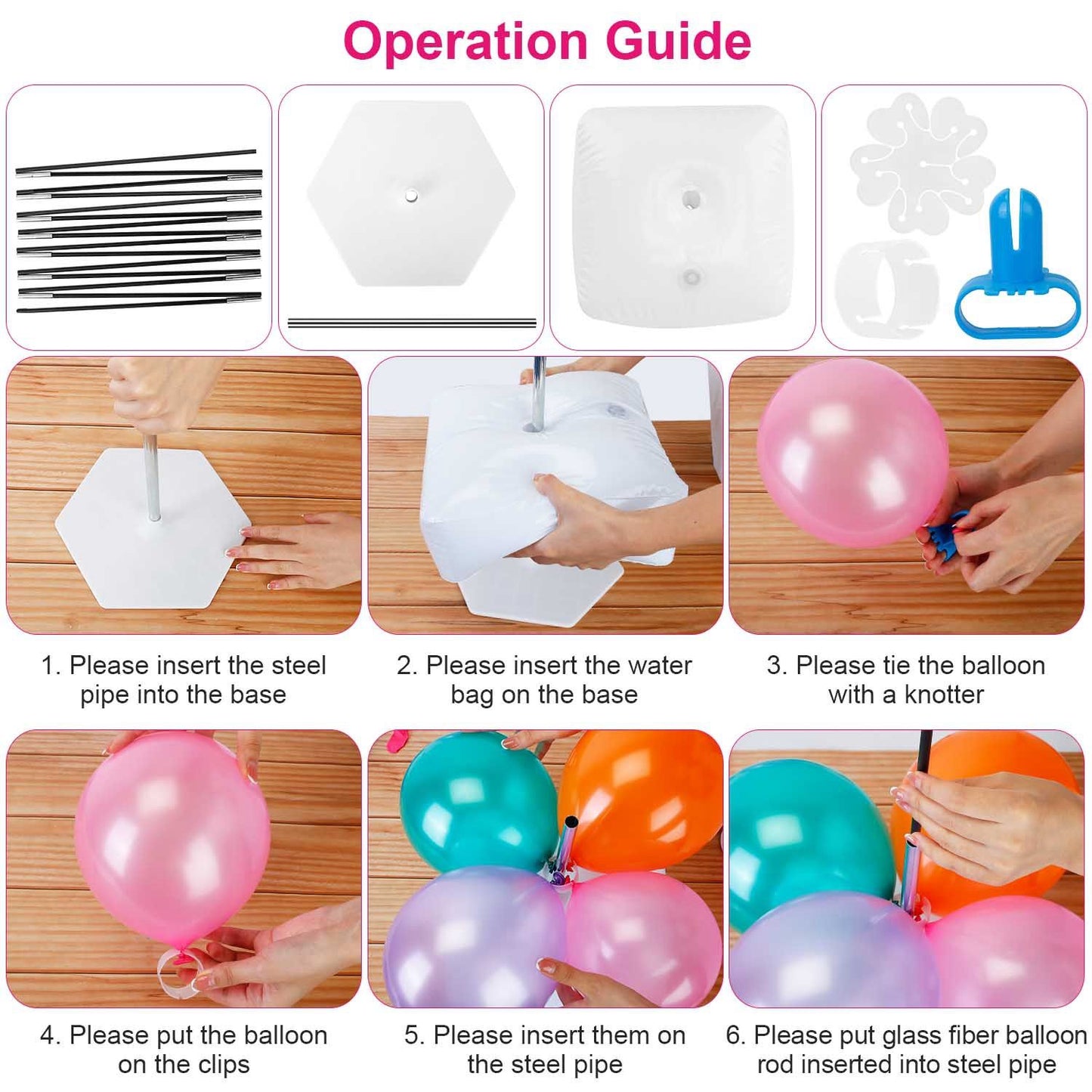 "Step-by-step operation guide for assembling a balloon stand, featuring numbered instructions and illustrations for inserting steel pipes, adding a water-filled base, and attaching balloons in various colors."